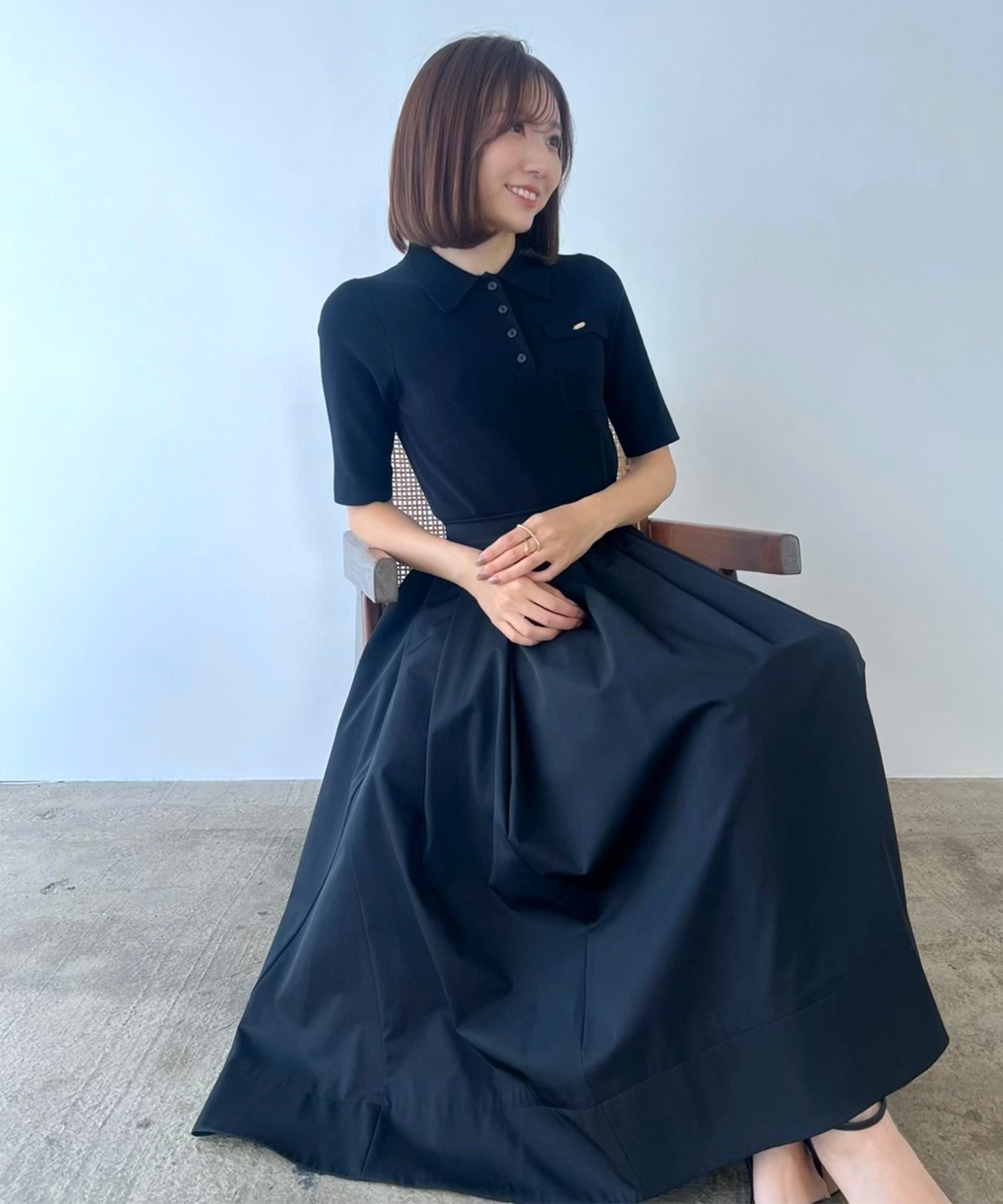 【アニュアンス/anuans】のポロニットドッキングワンピース インテリア・キッズ・メンズ・レディースファッション・服の通販 founy(ファニー) 　ファッション　Fashion　レディースファッション　Ladies' Fashion Online　ワンピース　Dress　タフタ　Taffeta　ドッキング　Docking　パターン　Pattern　フラップ　Flap　プレート　Plate　BLACK|ID: prp329100004530830 ipo3291000000032697873