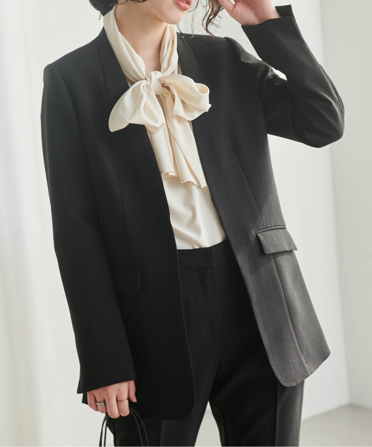 【ラナン/Ranan】の洗える!ノーカラーボックスジャケット インテリア・キッズ・メンズ・レディースファッション・服の通販 founy(ファニー) 　ファッション　Fashion　レディースファッション　WOMEN　アウター　Coat Outerwear　ジャケット　Jackets　ジャケット　Jacket　スリット　Slit　トレンド　Trend　フロント　Front　ボックス　Box　ポケット　Pocket　楽ちん　Easy　洗える　Washable　ブラック|ID: prp329100004530832 ipo3291000000032353824