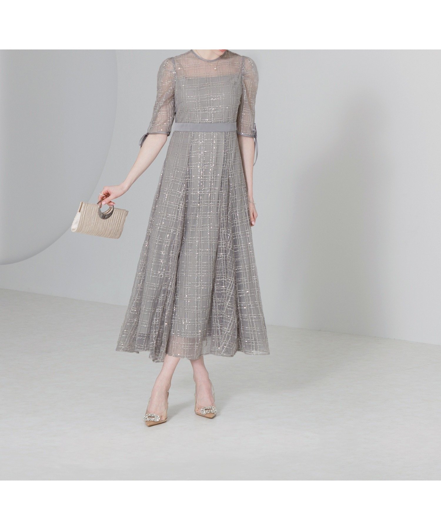 【レジャ/Leja】のLEJA-チェック刺繍スパンコール袖リボンワンピースドレス結婚式レディース インテリア・キッズ・メンズ・レディースファッション・服の通販 founy(ファニー) 　ファッション　Fashion　レディースファッション　Fashion for Women　ワンピース　Dresses　フォーマル・パーティードレス・結婚式用ドレス　Elegant & Casual Dresses　オケージョン　Occasion Wear　スパンコール　Sequins, Sequin Embellishment　スリーブ　Sleeve, Long Sleeve / Short Sleeve　チェック　Check, Plaid, Tartan　チュール　Tulip, Tulip Motif　ドレス　Dress, One-Piece　フェミニン　Feminine, Girly　フォーマル　Formal, Dressy　マーメイド　Mermaid, Fishtail Silhouette　リボン　Ribbon, Bow　ワンポイント　One Point, Statement Accent　夏　Summer　エレガント 上品　Elegant　結婚式　Wedding　披露宴　Wedding Reception　二次会　After Party　GRAY|ID: prp329100004530973 ipo3291000000033912300