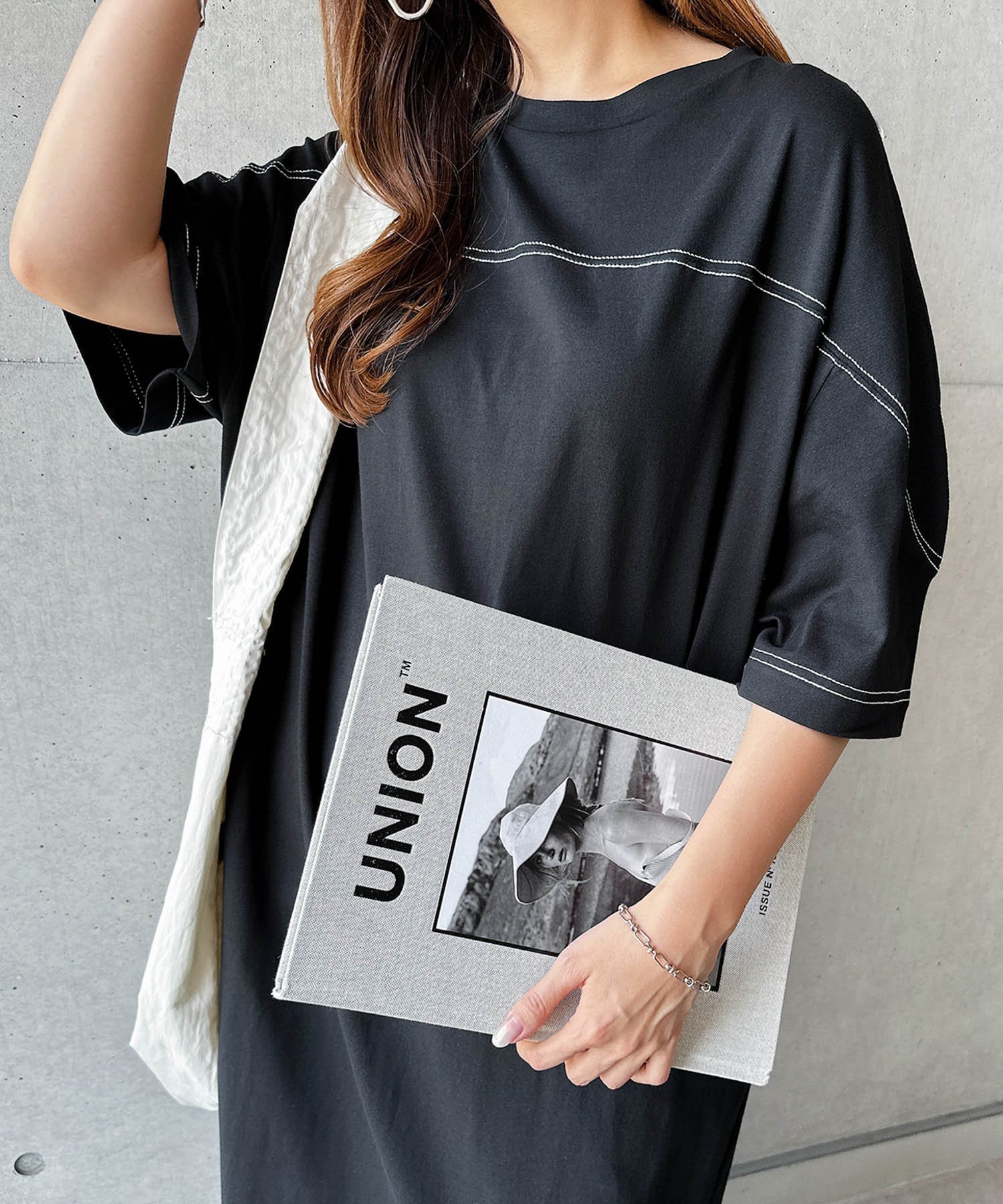 【その他のブランド/Other】の配色ステッチ オーバーサイズ 半袖 Tシャツ ワンピース 人気、トレンドファッション・服の通販 founy(ファニー) 　ファッション　Fashion　レディースファッション　WOMEN　ワンピース　Dress　シャツワンピース　Shirt Dresses　スリット　Slit　ポケット　Pocket　人気　Popularity　切替　Switching　半袖　Short Sleeve　楽ちん　Easy　 other-1|ID: prp329100004531072 ipo3291000000032032054