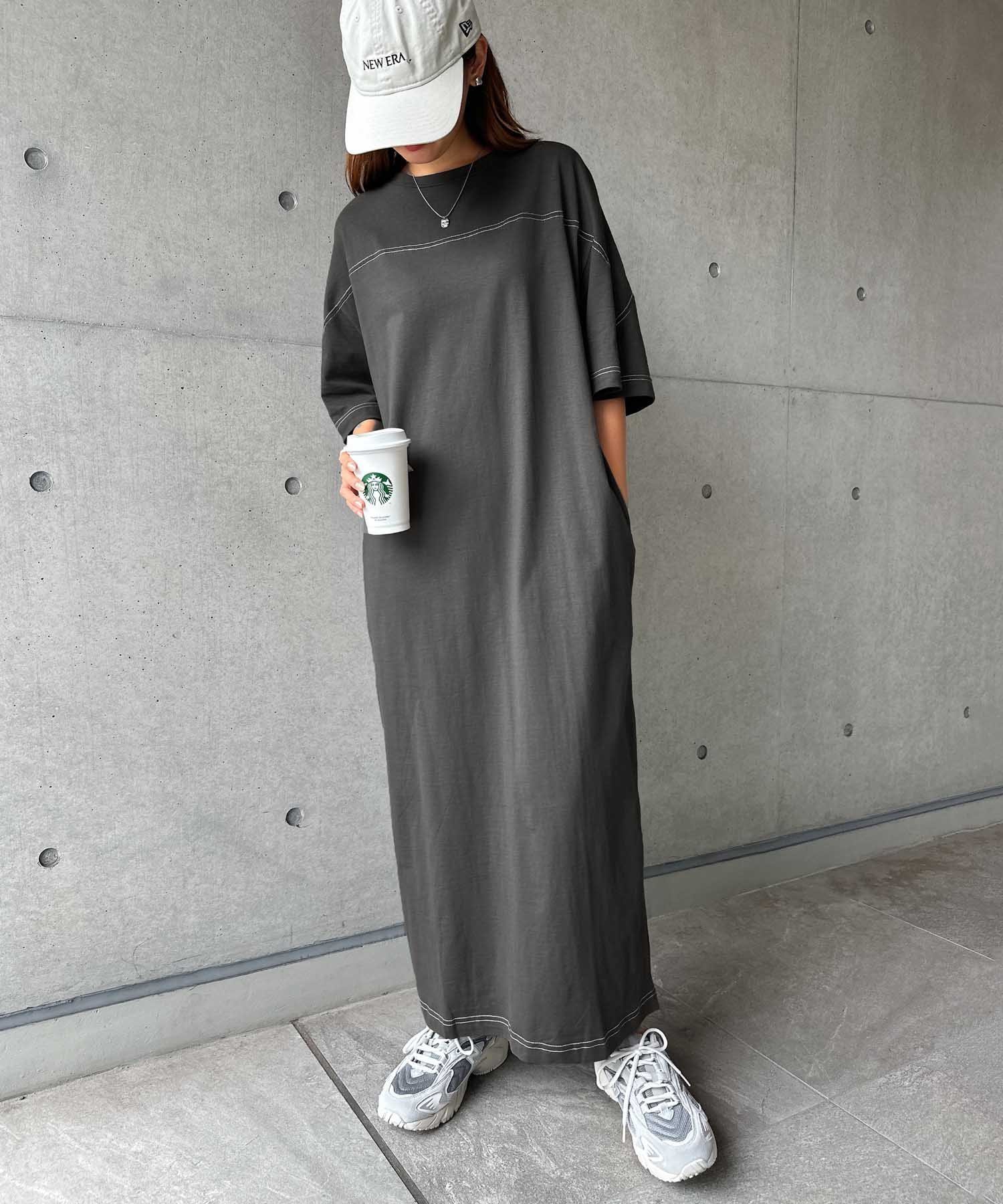 【その他のブランド/Other】の配色ステッチ オーバーサイズ 半袖 Tシャツ ワンピース インテリア・キッズ・メンズ・レディースファッション・服の通販 founy(ファニー) 　ファッション　Fashion　レディースファッション　WOMEN　ワンピース　Dress　シャツワンピース　Shirt Dresses　スリット　Slit　ポケット　Pocket　人気　Popularity　切替　Switching　半袖　Short Sleeve　楽ちん　Easy　チャコールグレー|ID: prp329100004531072 ipo3291000000032032060