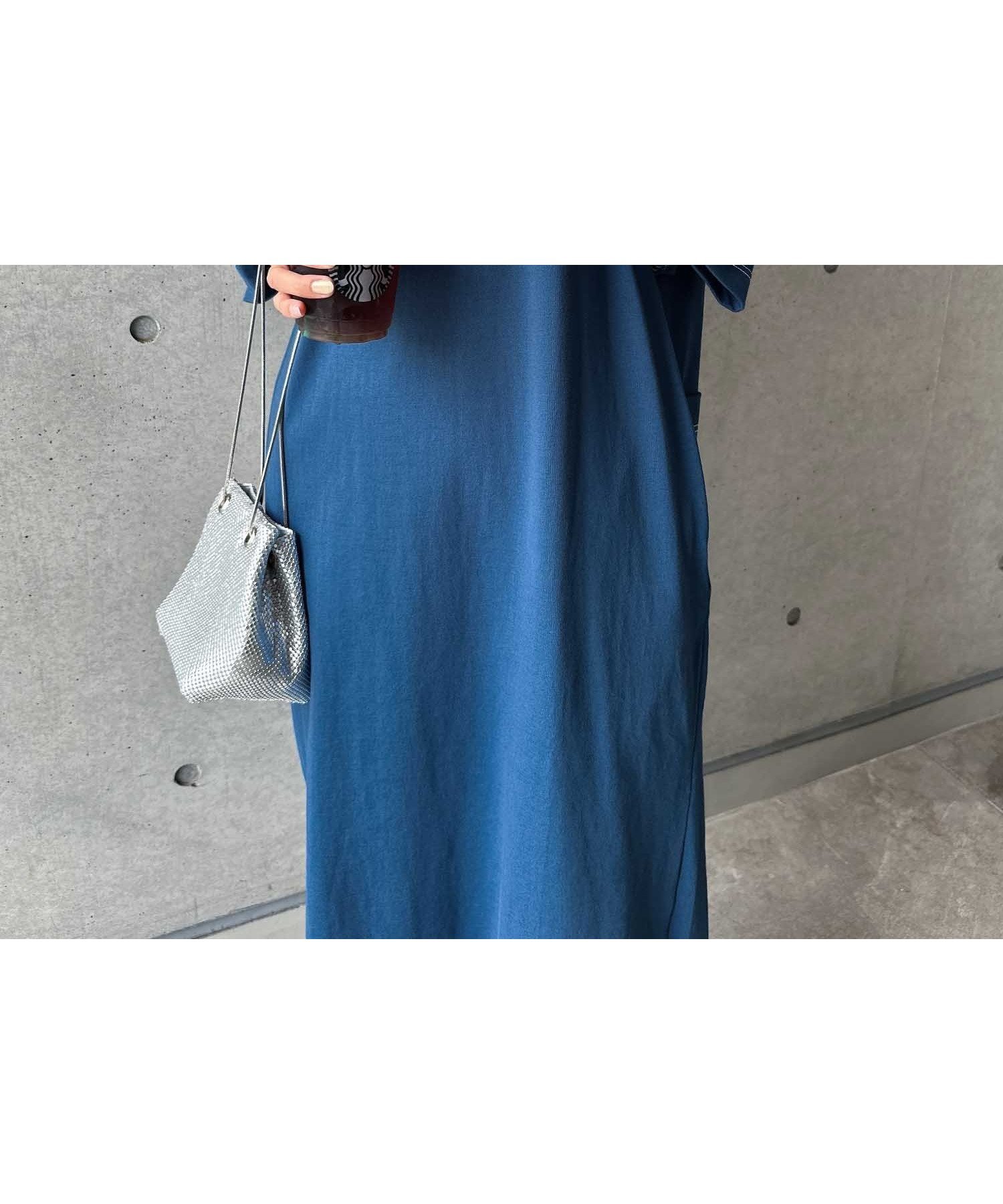 【その他のブランド/Other】の配色ステッチ オーバーサイズ 半袖 Tシャツ ワンピース インテリア・キッズ・メンズ・レディースファッション・服の通販 founy(ファニー) 　ファッション　Fashion　レディースファッション　WOMEN　ワンピース　Dress　シャツワンピース　Shirt Dresses　スリット　Slit　ポケット　Pocket　人気　Popularity　切替　Switching　半袖　Short Sleeve　楽ちん　Easy　ブルー|ID: prp329100004531072 ipo3291000000032032068