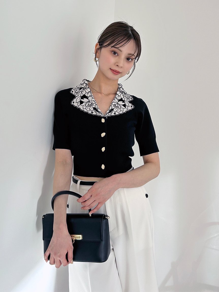 【スナイデル/SNIDEL】のSustainableエンブロイダリープルオーバー インテリア・キッズ・メンズ・レディースファッション・服の通販 founy(ファニー) 　ファッション　Fashion　レディースファッション　WOMEN　トップス・カットソー　Tops/Tshirt　プルオーバー　Pullover　おすすめ　Recommend　ウェーブ　Wave　エレガント 上品　Elegant　カーディガン　Cardigan　トレンド　Trend　フラワー　Flower　メタル　Metal　ラベンダー　Lavender　半袖　Short Sleeve　BLK[009]|ID: prp329100004531085 ipo3291000000032032122