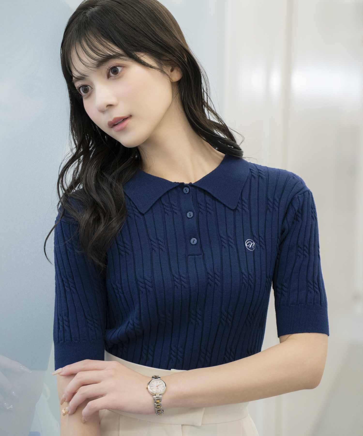 【ノエラ/Noela】のケーブルポロニット インテリア・キッズ・メンズ・レディースファッション・服の通販 founy(ファニー) 　ファッション　Fashion　レディースファッション　WOMEN　トップス・カットソー　Tops/Tshirt　ニット　Knit Tops　おすすめ　Recommend　コンパクト　Compact　スリーブ　Sleeve　デニム　Denim　トレンド　Trend　ポケット　Pocket　レース　Race　切替　Switching　ネイビー|ID: prp329100004531093 ipo3291000000032380032