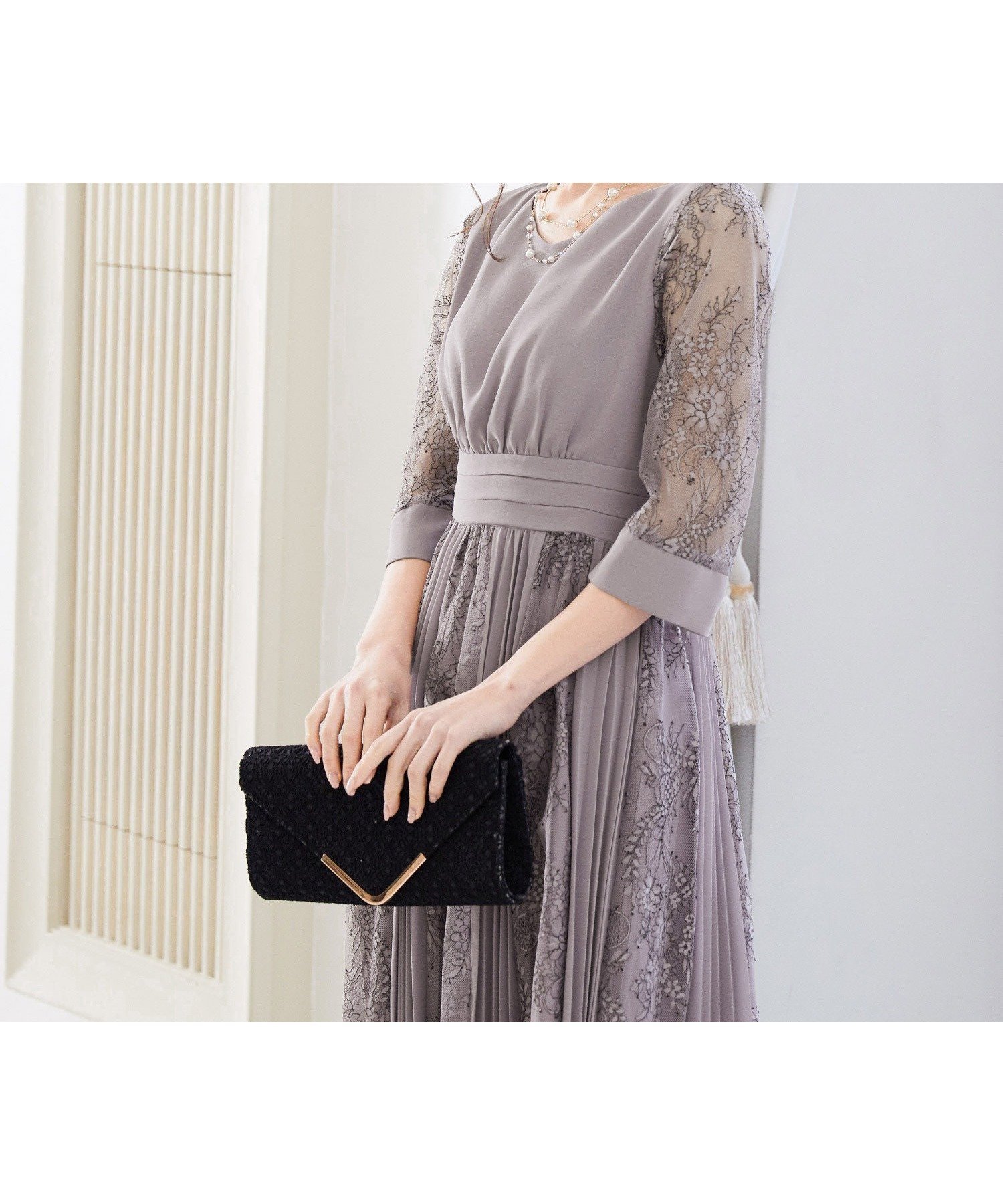 【その他のブランド/Other】のプリーツ*レース 7分袖パーティードレス 結婚式ワンピース インテリア・キッズ・メンズ・レディースファッション・服の通販 founy(ファニー) 　ファッション　Fashion　レディースファッション　WOMEN　ワンピース　Dress　ドレス　Party Dresses　エレガント 上品　Elegant　スリーブ　Sleeve　ドレス　Dress　フレア　Flare　プリーツ　Pleats　ミックス　Mix　レース　Race　ロング　Long　二次会　Wedding Party　結婚式　Wedding Ceremony　グレージュ|ID: prp329100004531113 ipo3291000000032032236