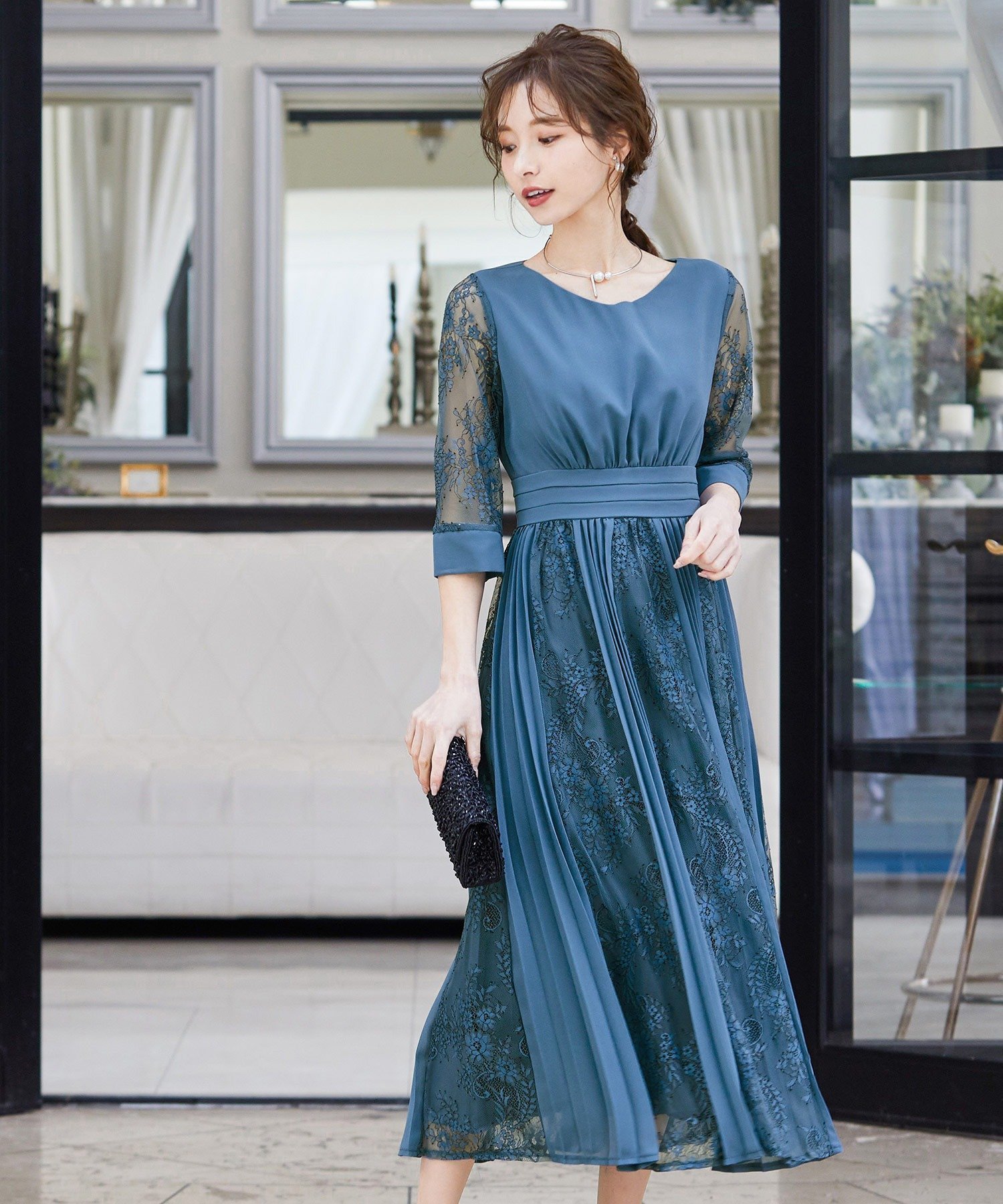 【その他のブランド/Other】のプリーツ*レース 7分袖パーティードレス 結婚式ワンピース インテリア・キッズ・メンズ・レディースファッション・服の通販 founy(ファニー) 　ファッション　Fashion　レディースファッション　WOMEN　ワンピース　Dress　ドレス　Party Dresses　エレガント 上品　Elegant　スリーブ　Sleeve　ドレス　Dress　フレア　Flare　プリーツ　Pleats　ミックス　Mix　レース　Race　ロング　Long　二次会　Wedding Party　結婚式　Wedding Ceremony　グレイッシュブルー|ID: prp329100004531113 ipo3291000000032032237