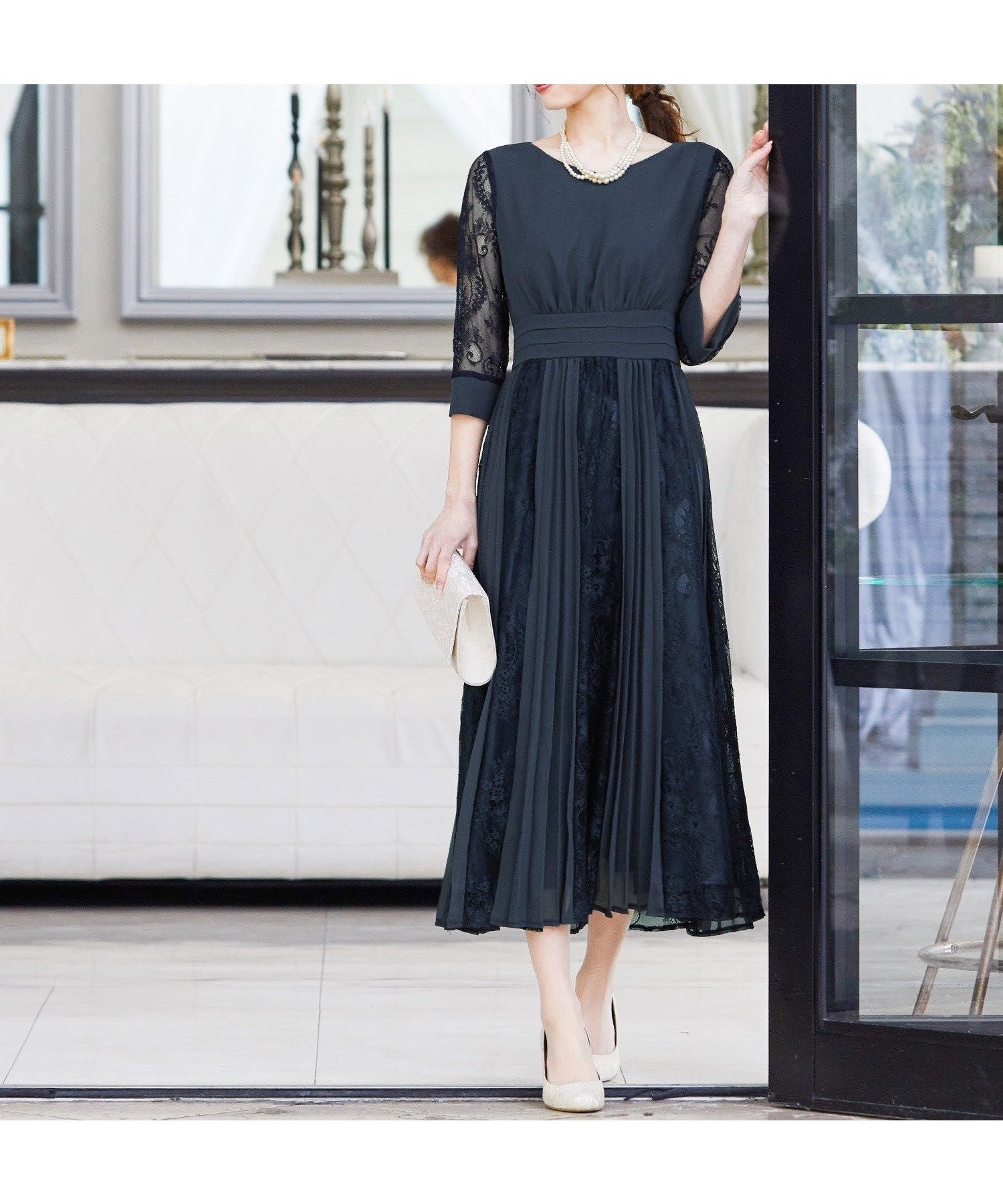 【その他のブランド/Other】のプリーツ*レース 7分袖パーティードレス 結婚式ワンピース インテリア・キッズ・メンズ・レディースファッション・服の通販 founy(ファニー) 　ファッション　Fashion　レディースファッション　WOMEN　ワンピース　Dress　ドレス　Party Dresses　エレガント 上品　Elegant　スリーブ　Sleeve　ドレス　Dress　フレア　Flare　プリーツ　Pleats　ミックス　Mix　レース　Race　ロング　Long　二次会　Wedding Party　結婚式　Wedding Ceremony　アッシュネイビー|ID: prp329100004531113 ipo3291000000032032240
