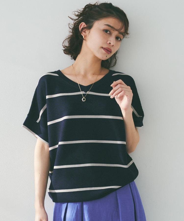 【アンタイトル/UNTITLED】の【12色展開/体型カバー/2way】バウンドスリーブニット インテリア・キッズ・メンズ・レディースファッション・服の通販 founy(ファニー) 　ファッション　Fashion　レディースファッション　WOMEN　トップス・カットソー　Tops/Tshirt　ニット　Knit Tops　今季　This Season　ストレッチ　Stretch　定番　Standard　バランス　Balance　パターン　Pattern　ボトム　Bottom　ボーダー　Border　ワイド　Wide　夏　Summer　ネイビー×グレージュ|ID: prp329100004531338 ipo3291000000032097655
