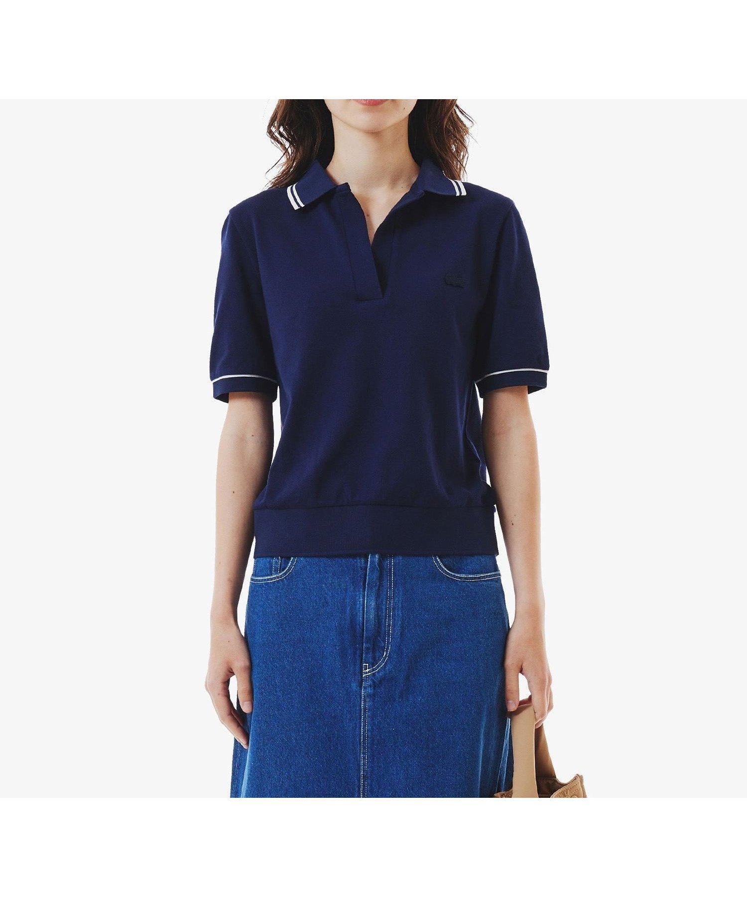 【ラコステ/LACOSTE】のスキッパーネックポロシャツ インテリア・キッズ・メンズ・レディースファッション・服の通販 founy(ファニー) 　ファッション　Fashion　レディースファッション　Ladies' Fashion Online　トップス・カットソー　Tops/Tshirt　シャツ/ブラウス　Shirts/Blouses　ポロシャツ　Polo Shirts　シンプル　Simple　ストレッチ　Stretch　リブニット　Rib Knit　鹿の子　Pique　ネイビー|ID: prp329100004531453 ipo3291000000032584051