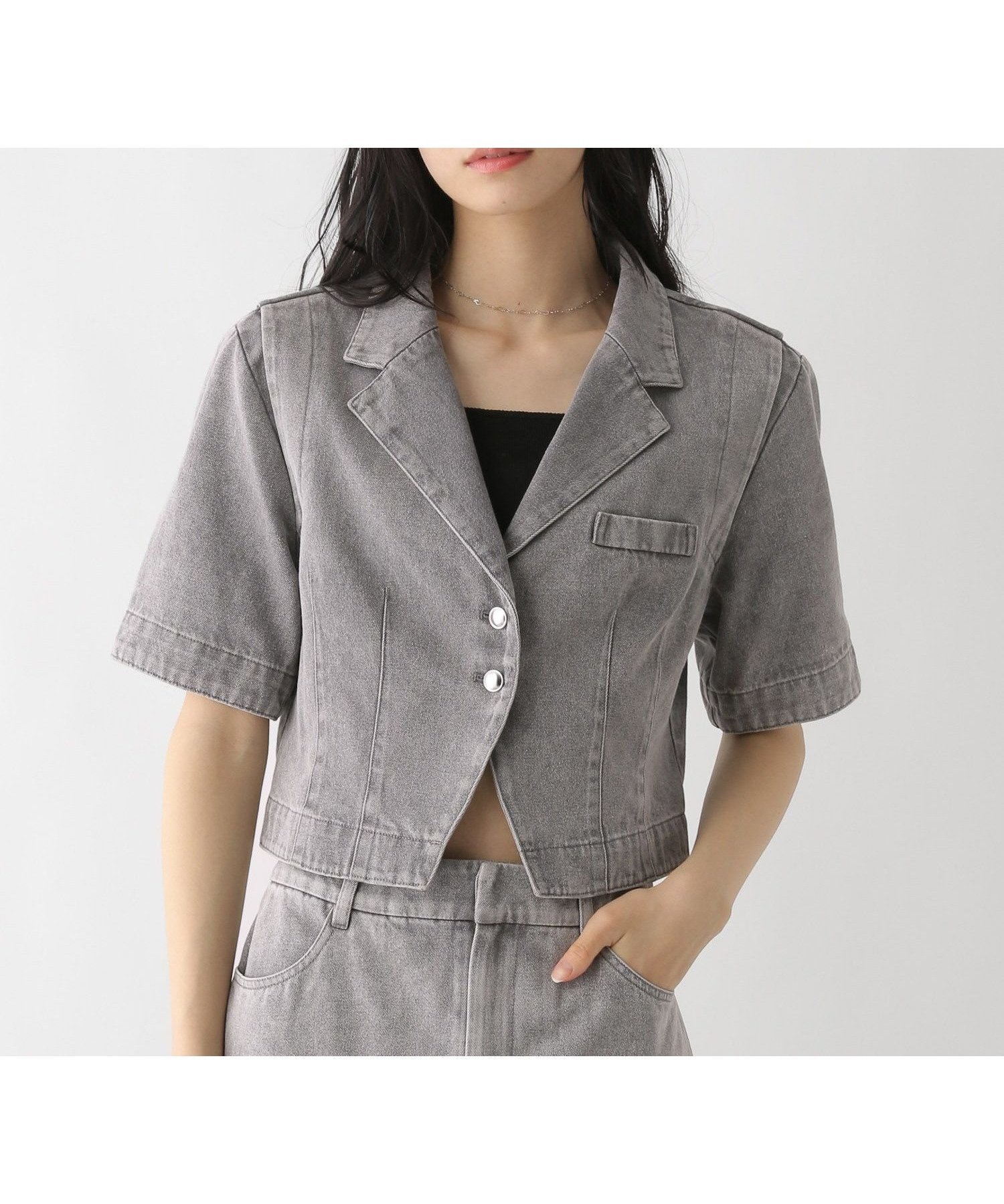 【ヘザー/Heather】のアソートコンパクトジャケット(半袖) インテリア・キッズ・メンズ・レディースファッション・服の通販 founy(ファニー) 　ファッション　Fashion　レディースファッション　WOMEN　アウター　Coat Outerwear　ジャケット　Jackets　インナー　Inner　コンパクト　Compact　シェイプ　Shape　ショルダー　Shoulder　シルバー　Silver　ジャケット　Jacket　セットアップ　Set Up　ラウンド　Round　半袖　Short Sleeve　グレーデニム|ID: prp329100004531496 ipo3291000000032033801