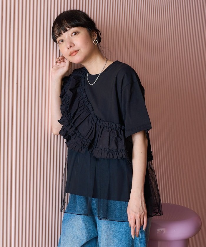 【フリークスストア/FREAK'S STORE】のフリルチュールドッキングTシャツ 25SS インテリア・キッズ・メンズ・レディースファッション・服の通販 founy(ファニー) 　ファッション　Fashion　レディースファッション　WOMEN　トップス・カットソー　Tops/Tshirt　シャツ/ブラウス　Shirts/Blouses　ロング / Tシャツ　T-Shirts　2025年　2025　2025春夏・S/S　Ss,Spring/Summer,2025　アシンメトリー　Asymmetry　チュール　Tulle　フェミニン　Feminine　フリル　Frills　ベーシック　Basic　夏　Summer　春　Spring　S/S・春夏　Ss・Spring/Summer　ブラック|ID: prp329100004531642 ipo3291000000032225646