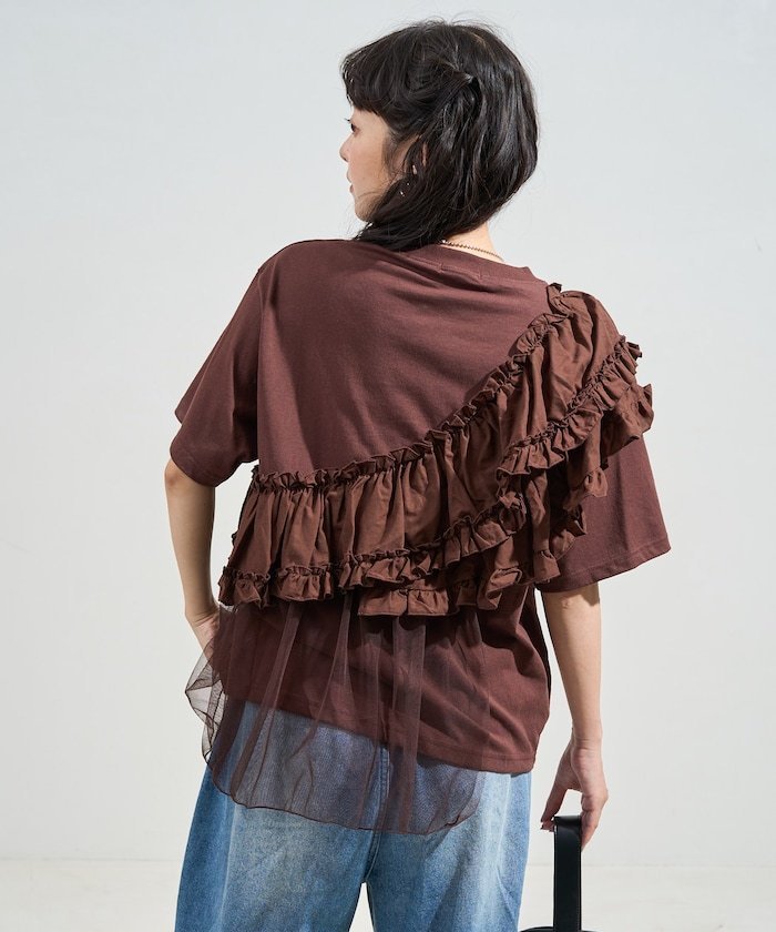 【フリークスストア/FREAK'S STORE】の新色追加 フリルチュールドッキングTシャツ/フリルTシャツ/チュールTシャツ 25SS インテリア・キッズ・メンズ・レディースファッション・服の通販 founy(ファニー) 　ファッション　Fashion　レディースファッション　Fashion for Women　トップス・カットソー　Cut & Sew Tops　シャツ・ブラウス・オフィスカジュアル　Elegant Blouses & Button-Ups　ロングTシャツ・Tシャツ　Longline T-Shirts & Tees　2025年　2025　2025春夏・S/S　Spring/Summer 2025 SS25　アシンメトリー　Asymmetrical Style　スリーブ　Sleeve, Long Sleeve / Short Sleeve　チュール　Tulip, Tulip Motif　フェミニン　Feminine, Girly　フリル　Frill, Ruffle　ベーシック　Basic, Essential　ロング　Long, Long-Length　夏　Summer　S/S・春夏　SS, Spring/Summer, Warm Season　ブラウン|ID: prp329100004531642 ipo3291000000033562444