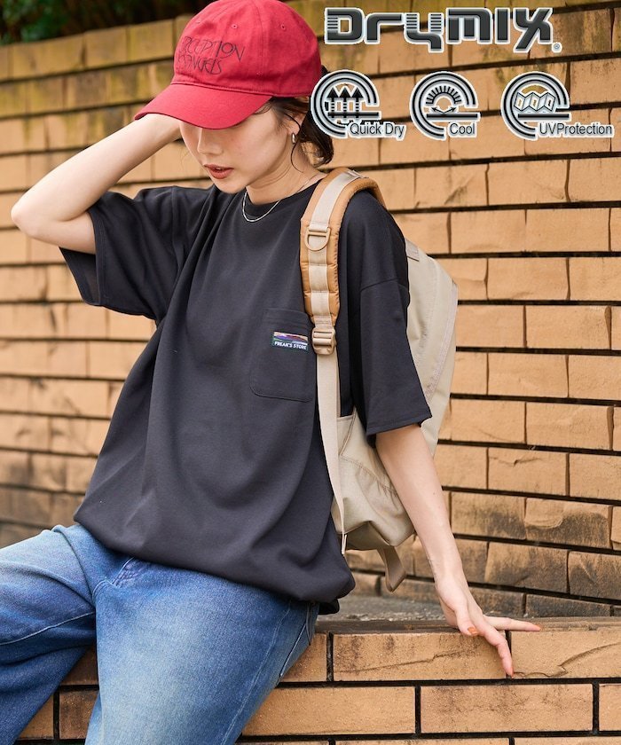 【フリークスストア/FREAK'S STORE】のFREAK S STORE OUTDOORS DRYMIX ドライミックス 半袖 Tシャツ(吸水速乾・接触冷感・UVカット)【限定展開】 25SS インテリア・キッズ・メンズ・レディースファッション・服の通販 founy(ファニー) 　ファッション　Fashion　レディースファッション　Fashion for Women　トップス・カットソー　Cut & Sew Tops　シャツ・ブラウス・オフィスカジュアル　Elegant Blouses & Button-Ups　ロングTシャツ・Tシャツ　Longline T-Shirts & Tees　2025年　2025　2025春夏・S/S　Spring/Summer 2025 SS25　ドローコード　Drawcord, Drawstring Cord　ビッグ　Big, Oversized　ポケット　Pocket, Pocket Detail　ミックス　Mix, Mixed Style　半袖　Short Sleeve, Half Sleeve　吸水　Absorbent, Quick-Dry　夏　Summer　S/S・春夏　SS, Spring/Summer, Warm Season　ブラック|ID: prp329100004531717 ipo3291000000033095664