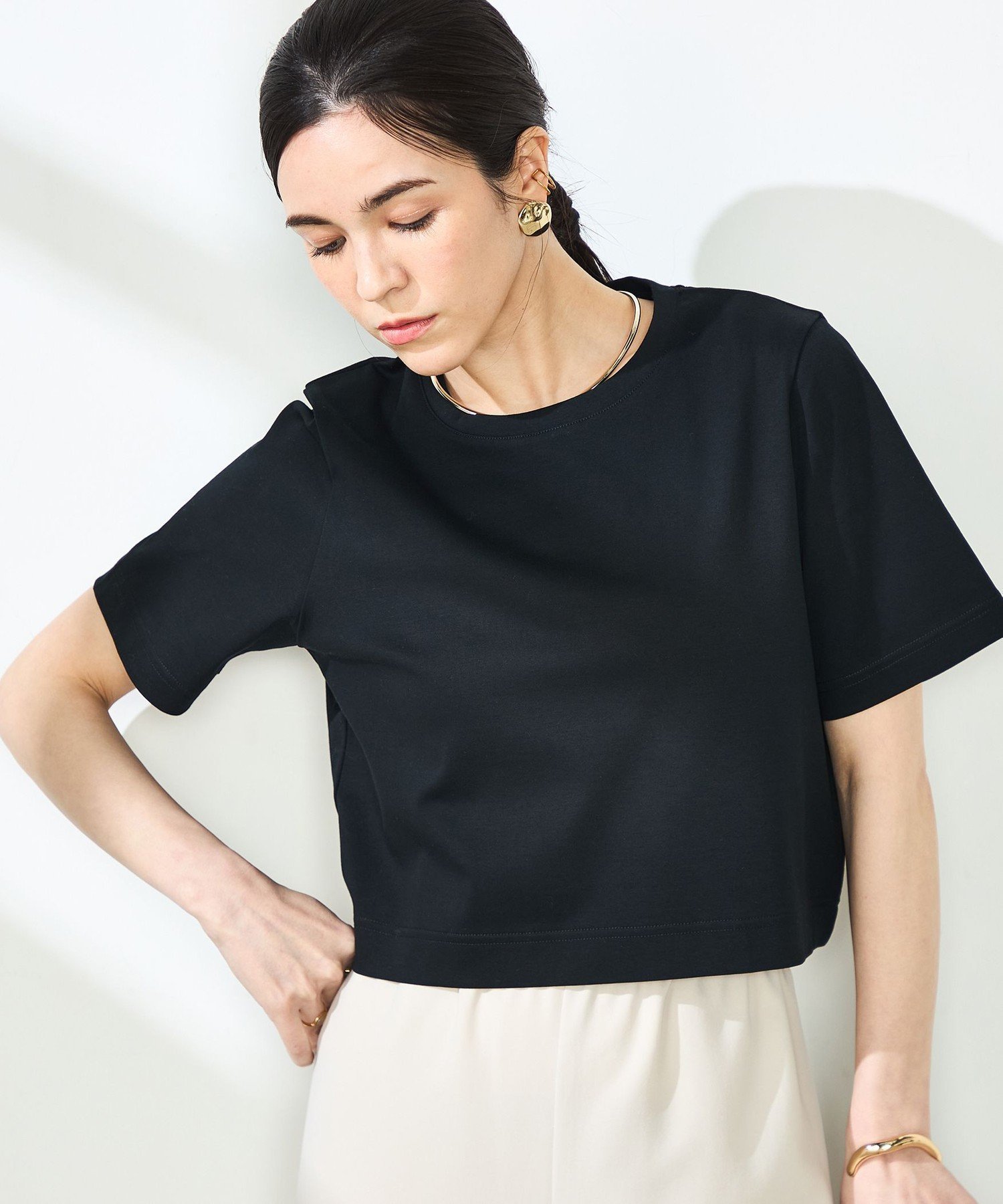 【ノーリーズ/NOLLEY'S】のW W ショート丈Tシャツ インテリア・キッズ・メンズ・レディースファッション・服の通販 founy(ファニー) 　ファッション　Fashion　レディースファッション　Fashion for Women　トップス・カットソー　Cut & Sew Tops　シャツ・ブラウス・オフィスカジュアル　Elegant Blouses & Button-Ups　ロングTシャツ・Tシャツ　Longline T-Shirts & Tees　2025年　2025　2025春夏・S/S　Spring/Summer 2025 SS25　おすすめ　Recommended / Our Picks　ショート　Short, Short Length　ノースリーブ　Sleeveless, No-Sleeve　半袖　Short Sleeve, Half Sleeve　ビジネス 仕事 通勤　Business / Work / Commuting　ブラック|ID: prp329100004531808 ipo3291000000033015223