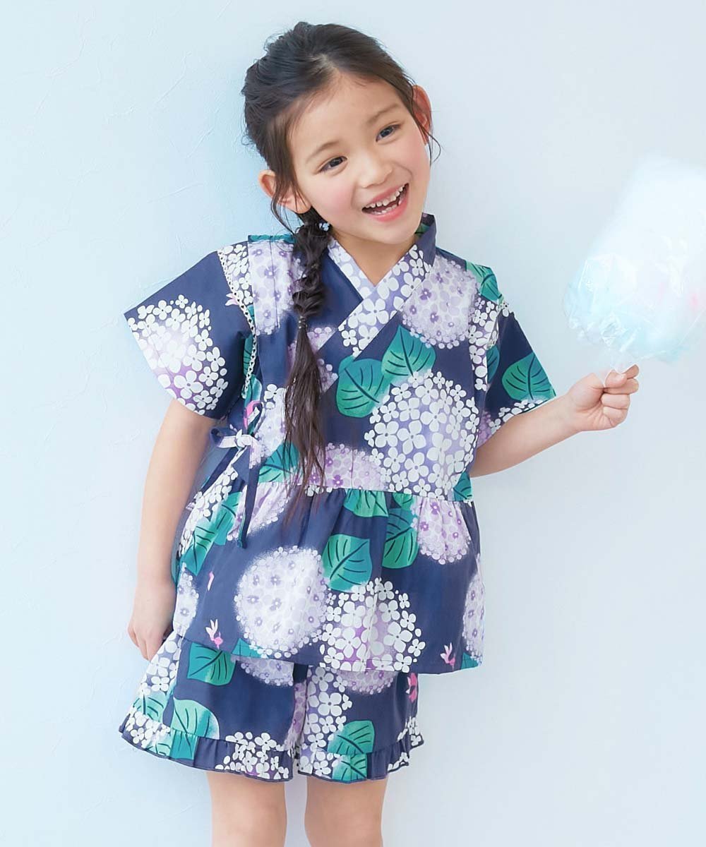 【デビロック/devirock / KIDS】のえらべるデザイン ペプラム ガールズ甚平 甚平 25SS インテリア・キッズ・メンズ・レディースファッション・服の通販 founy(ファニー) 　ファッション　Fashion　キッズファッション　Fashion for Kids　セパレート　Separate, Two-Piece　フリル　Frill, Ruffle　ブロード　Broadcloth, Fine Cotton　ペプラム　Peplum, Flared Hem　2025年　2025　2025春夏・S/S　Spring/Summer 2025 SS25　007-水彩アジサイ-ネイビー|ID: prp329100004531810 ipo3291000000032726946