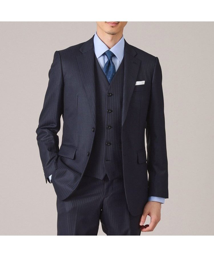 【タケオキクチ/TAKEO KIKUCHI / MEN】の【3ピースセット】シャイニーヘリンボン スーツ インテリア・キッズ・メンズ・レディースファッション・服の通販 founy(ファニー) 　ファッション　Fashion　メンズファッション　Fashion for Men　シャドー　Shadow, Subtle Pattern　ジャケット　Jacket, Outerwear　スーツ　Suit, Formalwear　定番　Standard, Basic Item　ベスト　Vest, Waistcoat　ポケット　Pocket, Pocket Detail　無地　Plain, Solid Color　エレガント 上品　Elegant　ネイビー|ID: prp329100004531969 ipo3291000000033406315