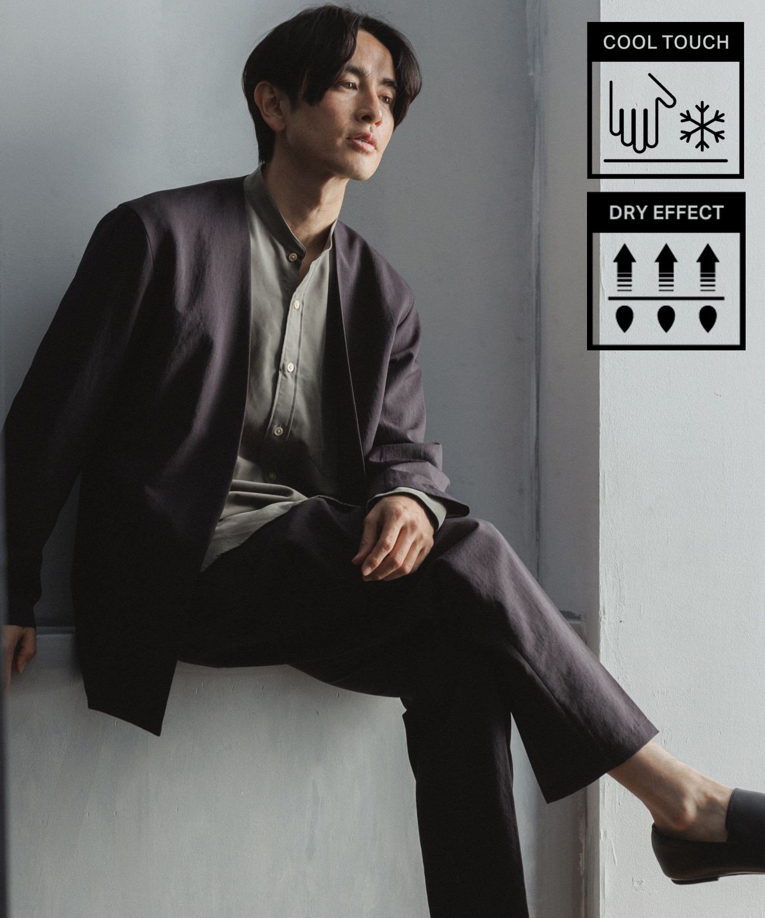 【アダムエロペ /ADAM ET ROPE' / MEN】の【RIRANCHA】サマーセットアップ / ノーカラージャケット スラックス / イージーケア / 接触冷感 / 吸水速乾 インテリア・キッズ・メンズ・レディースファッション・服の通販 founy(ファニー) 　ファッション　Fashion　メンズファッション　Fashion for Men　セットアップ　Matching Sets　サマー　Summer, Summer Style　ジャケット　Jacket, Outerwear　スラックス　Slacks, Dress Pants　セットアップ　Set-Up, Coordinated Outfit　吸水　Absorbent, Quick-Dry　夏　Summer　洗える　Machine Washable　ブラック系(02)|ID: prp329100004532149 ipo3291000000033074384
