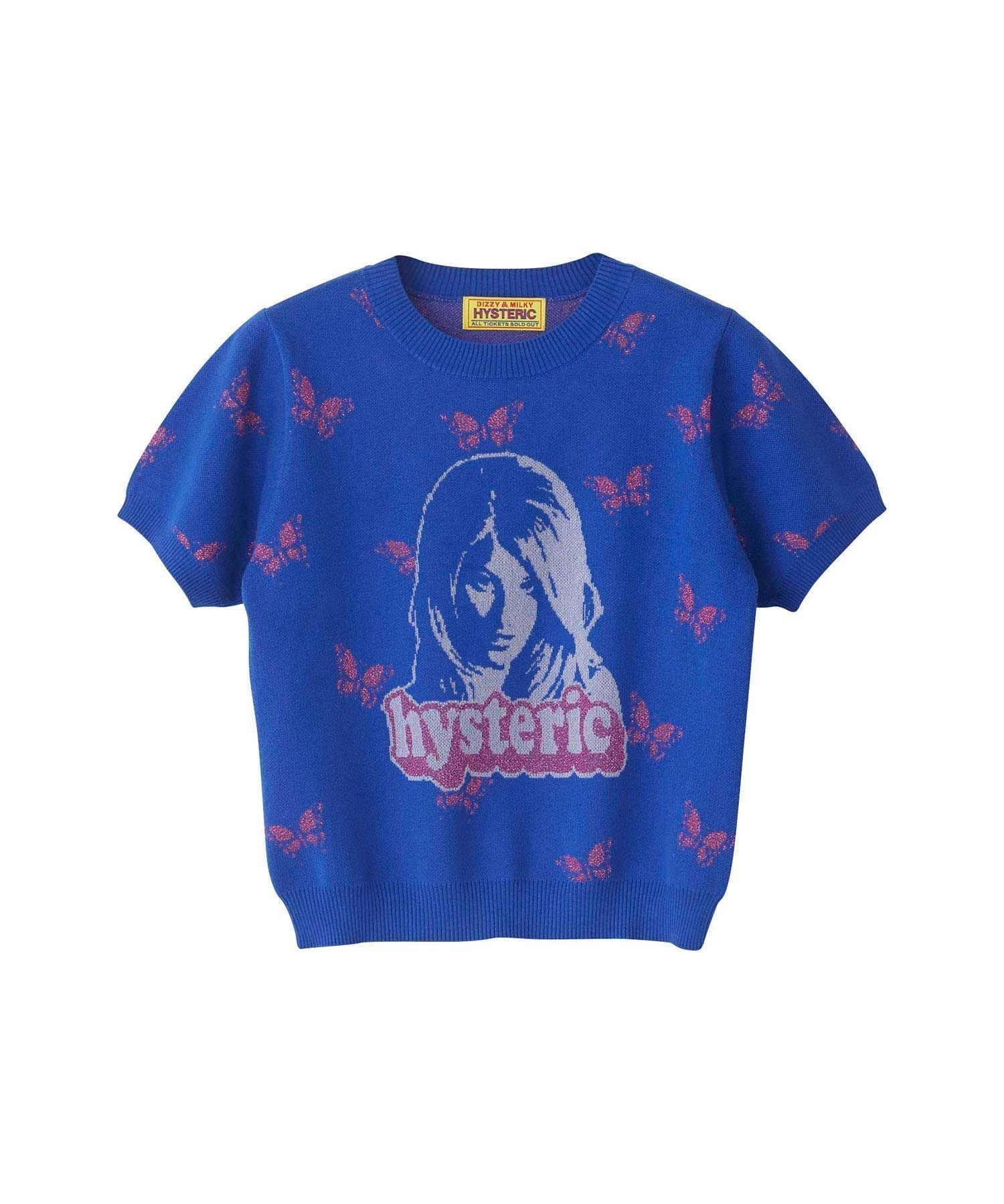 【ヒステリックグラマー/HYSTERIC GLAMOUR】のBUTTERFLY WOMAN HEAD柄 ショート丈プルオーバー インテリア・キッズ・メンズ・レディースファッション・服の通販 founy(ファニー) 　ファッション　Fashion　レディースファッション　WOMEN　トップス・カットソー　Tops/Tshirt　プルオーバー　Pullover　ショート　Short　バタフライ　Butterfly　フェミニン　Feminine　モチーフ　Motif　モックネック　Mock Neck　ランダム　Random　ブルー系柄|ID: prp329100004532173 ipo3291000000032036590