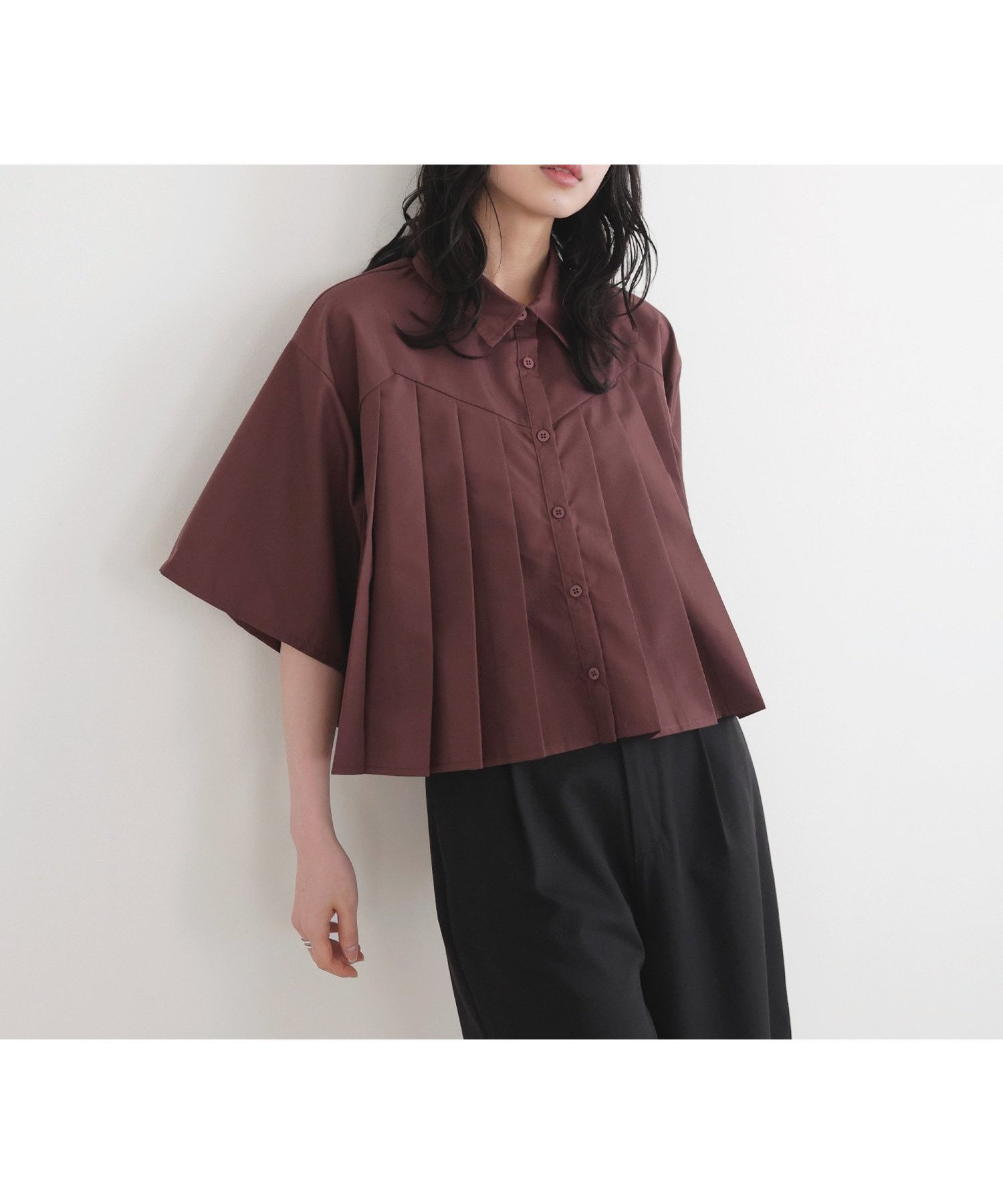 【リアン/Lian】のプリーツデザインショートシャツ インテリア・キッズ・メンズ・レディースファッション・服の通販 founy(ファニー) 　ファッション　Fashion　レディースファッション　WOMEN　トップス・カットソー　Tops/Tshirt　シャツ/ブラウス　Shirts/Blouses　プリーツ　Pleats　ブラウン|ID: prp329100004532242 ipo3291000000032374985