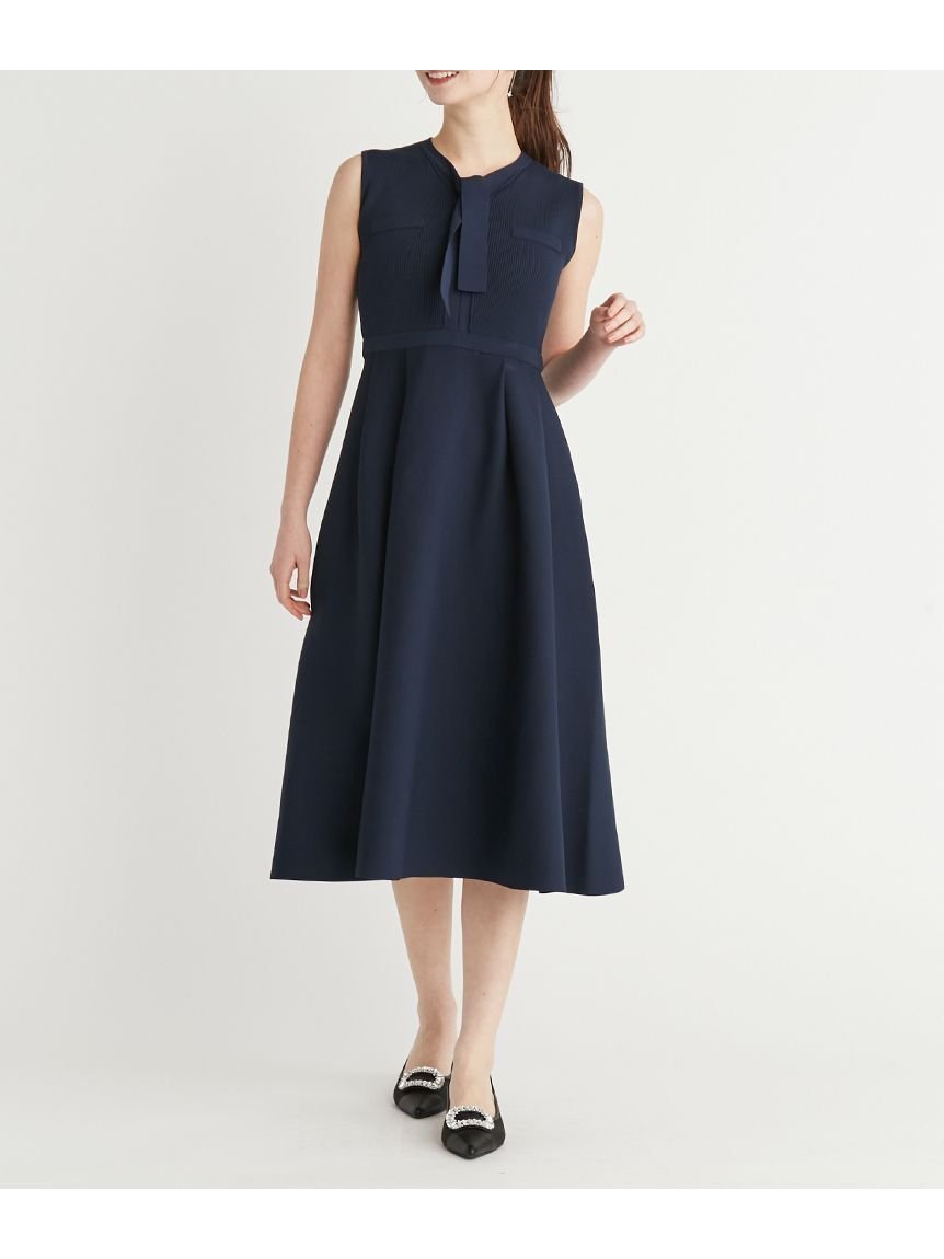【セルフォード/CELFORD】のボウタイノースリーブニットワンピース インテリア・キッズ・メンズ・レディースファッション・服の通販 founy(ファニー) 　ファッション　Fashion　レディースファッション　WOMEN　ワンピース　Dress　ニットワンピース　Knit Dresses　カーディガン　Cardigan　フィット　Fit　フォーマル　Formal　フレア　Flare　エレガント 上品　Elegant　NVY[089]|ID: prp329100004532790 ipo3291000000032039635