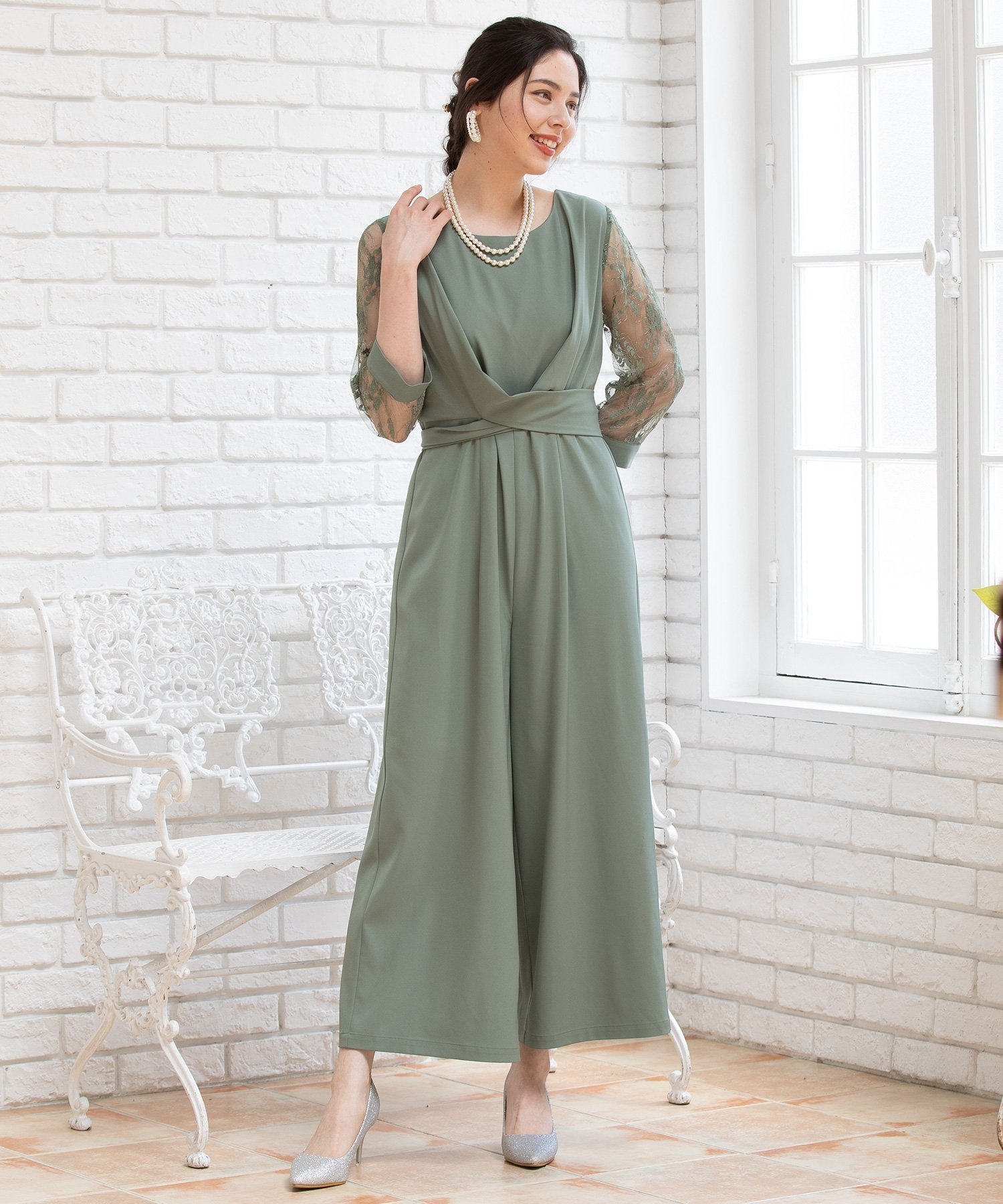 【ドレス/DRESS+】のパーティー 結婚式 ジャンプスーツ パンツドレス レース袖 オールインワン2way インテリア・キッズ・メンズ・レディースファッション・服の通販 founy(ファニー) 　ファッション　Fashion　レディースファッション　WOMEN　インナー　Inner　エレガント 上品　Elegant　クール　Cool　スーツ　Suit　ドレス　Dress　リボン　Ribbon　レース　Race　ワイド　Wide　結婚式　Wedding Ceremony　カーキ|ID: prp329100004532817 ipo3291000000032039755