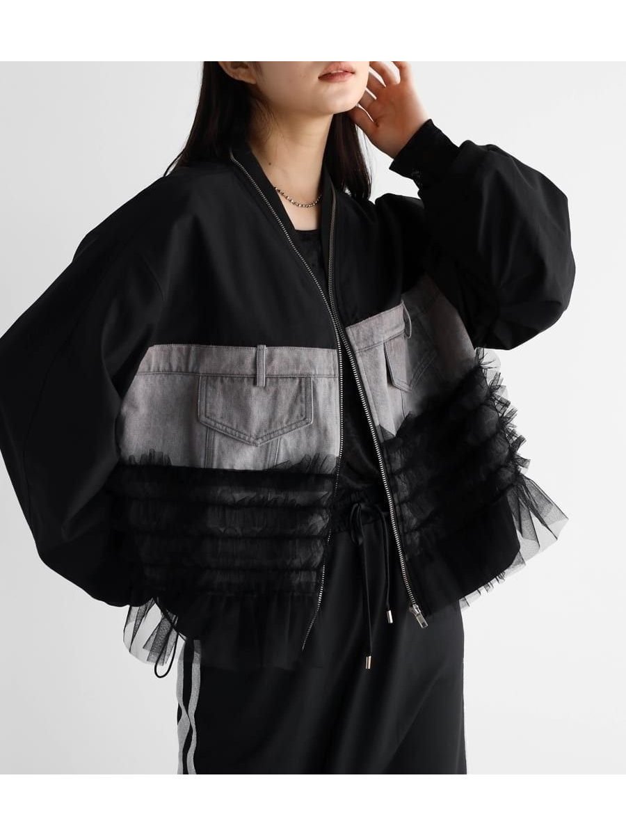 【ラシュッド/LASUD】のデニム×チュールドッキングブルゾン インテリア・キッズ・メンズ・レディースファッション・服の通販 founy(ファニー) 　ファッション　Fashion　レディースファッション　WOMEN　アウター　Coat Outerwear　ブルゾン　Blouson/Jackets　チュール　Tulle　デニム　Denim　フリル　Frills　ブルゾン　Blouson　メンズ　Mens　ブラック|ID: prp329100004532821 ipo3291000000032039772