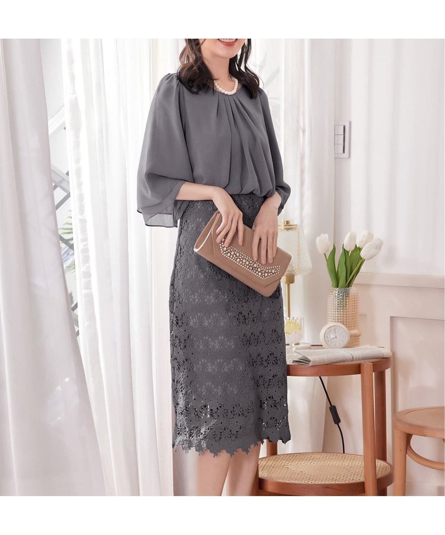 【ドレス/DRESS+】のワンピース ドレス パーティー オフィス インテリア・キッズ・メンズ・レディースファッション・服の通販 founy(ファニー) 　ファッション　Fashion　レディースファッション　WOMEN　ワンピース　Dress　ドレス　Party Dresses　ギャザー　Gather　シアー　Sheer　シフォン　Chiffon　スリーブ　Sleeve　セットアップ　Set Up　タイトスカート　Tight Skirt　ドッキング　Docking　ドレス　Dress　フレア　Flare　レース　Race　二次会　Wedding Party　結婚式　Wedding Ceremony　ダークグレー|ID: prp329100004533018 ipo3291000000032040631