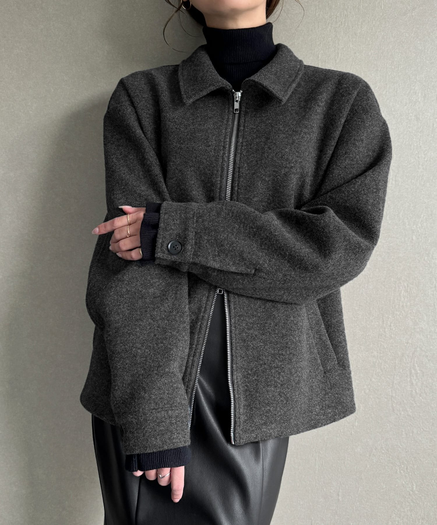 【ジュノア/JUNOAH】のステンカラーダブルジップブルゾン インテリア・キッズ・メンズ・レディースファッション・服の通販 founy(ファニー) 　ファッション　Fashion　レディースファッション　WOMEN　アウター　Coat Outerwear　ブルゾン　Blouson/Jackets　ダークグレー|ID: prp329100004533057 ipo3291000000032040793