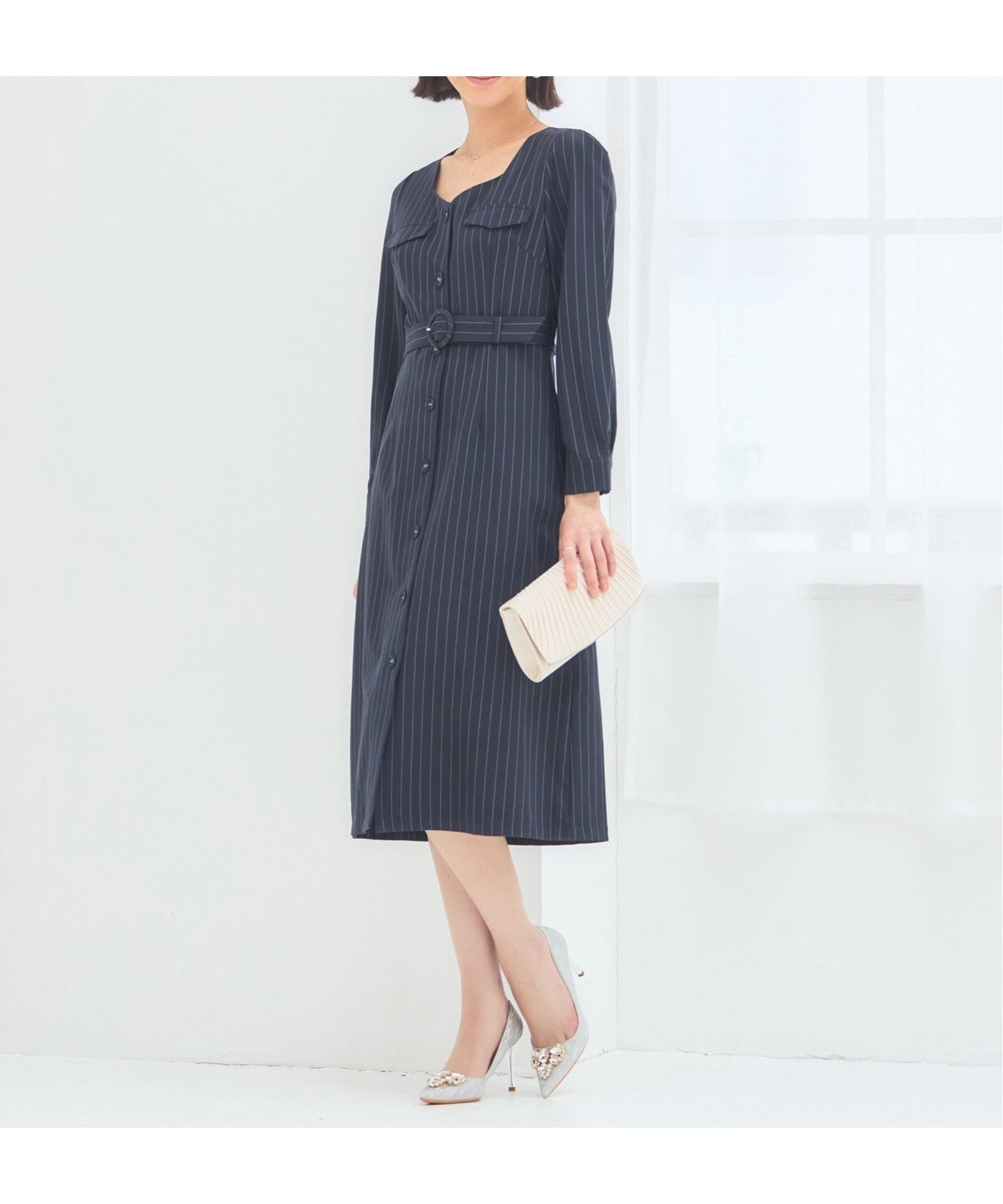 【ドレス/DRESS+】のフォーマル ワンピース オフィスカジュアル 袖あり インテリア・キッズ・メンズ・レディースファッション・服の通販 founy(ファニー) 　ファッション　Fashion　レディースファッション　WOMEN　ワンピース　Dress　シャツワンピ　Shirt Dress　デコルテ　Decolletage　フォーマル　Formal　フラップ　Flap　フロント　Front　ポケット　Pocket　ネイビー|ID: prp329100004533123 ipo3291000000032041064