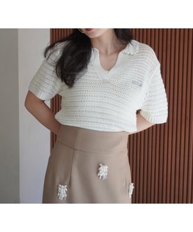【エイミーイストワール/eimy istoire】の透かしニットポロ 人気、トレンドファッション・服の通販 founy(ファニー) ファッション Fashion レディースファッション Ladies' Fashion Online トップス・カットソー Tops/Tshirt ニット Knit Tops カーゴパンツ Cargo Pants コンパクト Compact 今季 This Season スキッパー Skipper ストレッチ Stretch 透かし Watermark デニム Denim プリーツ Pleats ボトム Bottom ボーダー Border ポロシャツ Polo Shirt 夏 Summer |ID:prp329100004533487