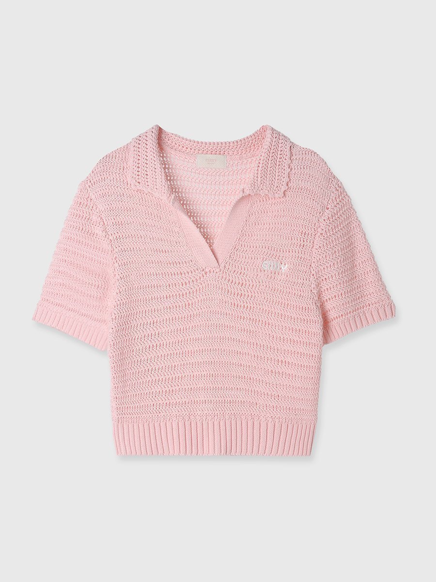 【エイミーイストワール/eimy istoire】の透かしニットポロ インテリア・キッズ・メンズ・レディースファッション・服の通販 founy(ファニー) 　ファッション　Fashion　レディースファッション　Ladies' Fashion Online　トップス・カットソー　Tops/Tshirt　ニット　Knit Tops　カーゴパンツ　Cargo Pants　コンパクト　Compact　今季　This Season　スキッパー　Skipper　ストレッチ　Stretch　透かし　Watermark　デニム　Denim　プリーツ　Pleats　ボトム　Bottom　ボーダー　Border　ポロシャツ　Polo Shirt　夏　Summer　PINK|ID: prp329100004533487 ipo3291000000032532052