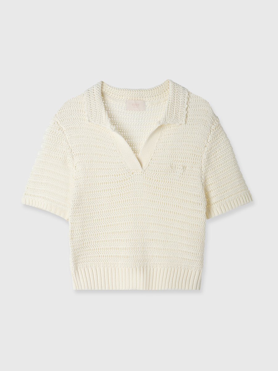 【エイミーイストワール/eimy istoire】の透かしニットポロ インテリア・キッズ・メンズ・レディースファッション・服の通販 founy(ファニー) 　ファッション　Fashion　レディースファッション　Ladies' Fashion Online　トップス・カットソー　Tops/Tshirt　ニット　Knit Tops　カーゴパンツ　Cargo Pants　コンパクト　Compact　今季　This Season　スキッパー　Skipper　ストレッチ　Stretch　透かし　Watermark　デニム　Denim　プリーツ　Pleats　ボトム　Bottom　ボーダー　Border　ポロシャツ　Polo Shirt　夏　Summer　LIGHT YELLOW|ID: prp329100004533487 ipo3291000000032532054