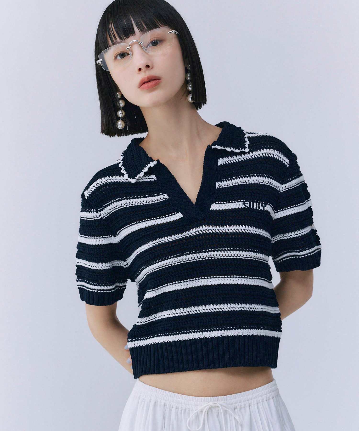 【エイミーイストワール/eimy istoire】の透かしニットポロ インテリア・キッズ・メンズ・レディースファッション・服の通販 founy(ファニー) 　ファッション　Fashion　レディースファッション　Ladies' Fashion Online　トップス・カットソー　Tops/Tshirt　ニット　Knit Tops　カーゴパンツ　Cargo Pants　コンパクト　Compact　今季　This Season　スキッパー　Skipper　ストレッチ　Stretch　透かし　Watermark　デニム　Denim　プリーツ　Pleats　ボトム　Bottom　ボーダー　Border　ポロシャツ　Polo Shirt　夏　Summer　MIX NAVY|ID: prp329100004533487 ipo3291000000032532055