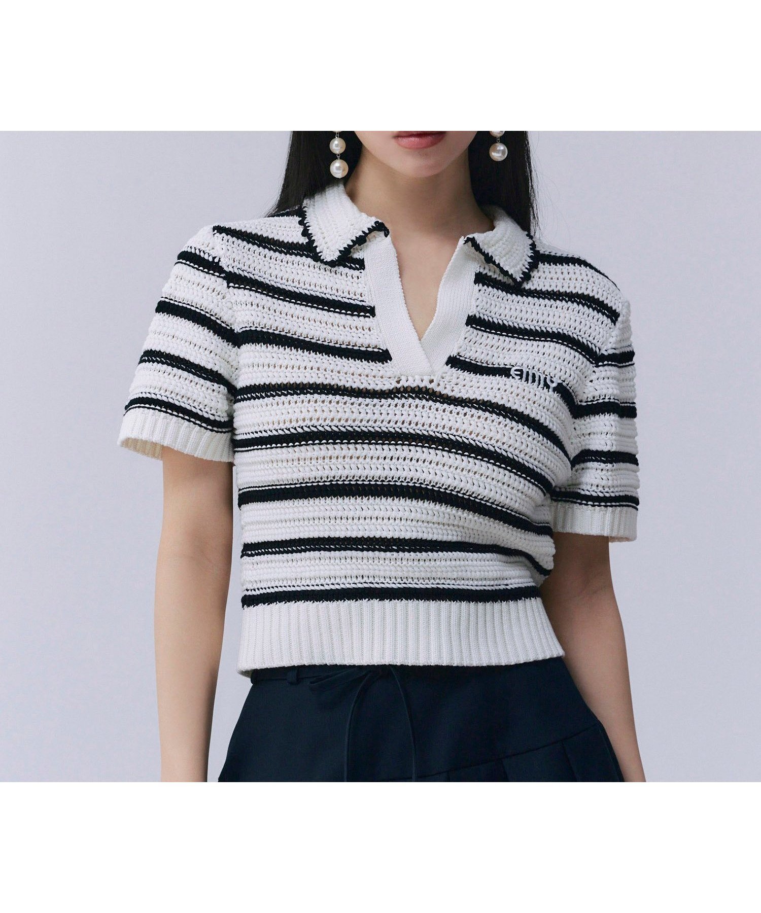 【エイミーイストワール/eimy istoire】の透かしニットポロ インテリア・キッズ・メンズ・レディースファッション・服の通販 founy(ファニー) 　ファッション　Fashion　レディースファッション　Ladies' Fashion Online　トップス・カットソー　Tops/Tshirt　ニット　Knit Tops　カーゴパンツ　Cargo Pants　コンパクト　Compact　今季　This Season　スキッパー　Skipper　ストレッチ　Stretch　透かし　Watermark　デニム　Denim　プリーツ　Pleats　ボトム　Bottom　ボーダー　Border　ポロシャツ　Polo Shirt　夏　Summer　MIX WHITE|ID: prp329100004533487 ipo3291000000032532056