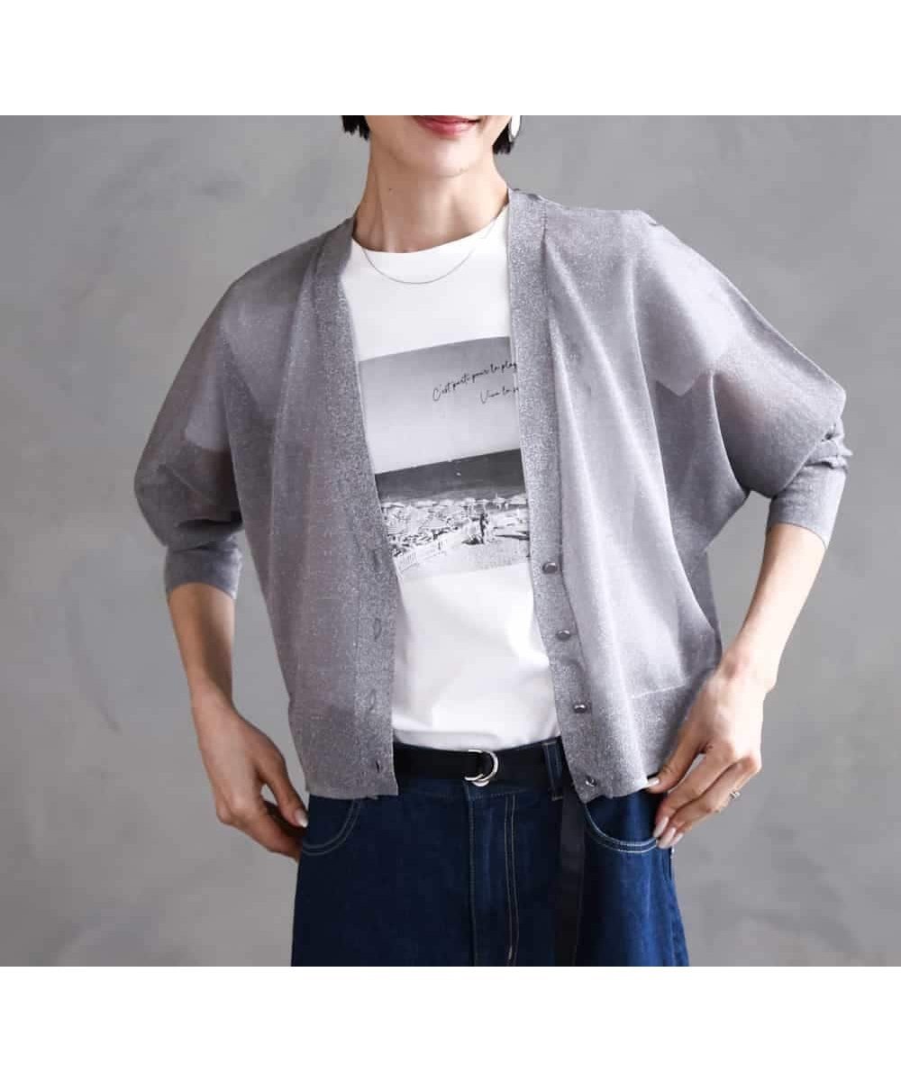 【ミッシェルクラン/MICHEL KLEIN】のシアーラメVネックカーディガン インテリア・キッズ・メンズ・レディースファッション・服の通販 founy(ファニー) 　ファッション　Fashion　レディースファッション　WOMEN　トップス・カットソー　Tops/Tshirt　カーディガン　Cardigans　Vネック　V-Neck　おすすめ　Recommend　カーディガン　Cardigan　クロップド　Cropped　コンパクト　Compact　シアー　Sheer　ボレロ　Bolero　ポケット　Pocket　夏　Summer　洗える　Washable　羽織　Haori　グレー|ID: prp329100004533511 ipo3291000000032042620