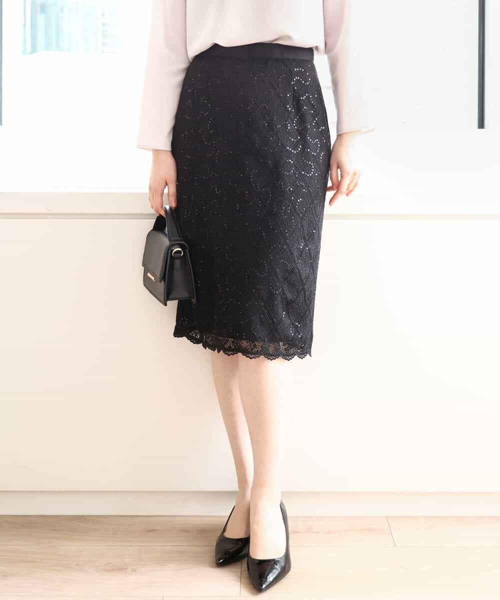 【オフオン/ofuon】のスパンコールレースタイトスカート/洗える インテリア・キッズ・メンズ・レディースファッション・服の通販 founy(ファニー) 　ファッション　Fashion　レディースファッション　WOMEN　スカート　Skirt　スパンコール　Sequins　タイトスカート　Tight Skirt　ボトム　Bottom　レース　Race　エレガント 上品　Elegant　ビジネス 仕事 通勤　Business　冬　Winter　夏　Summer　春　Spring　洗える　Washable　秋　Autumn/Fall　ブラック|ID: prp329100004533766 ipo3291000000032043635