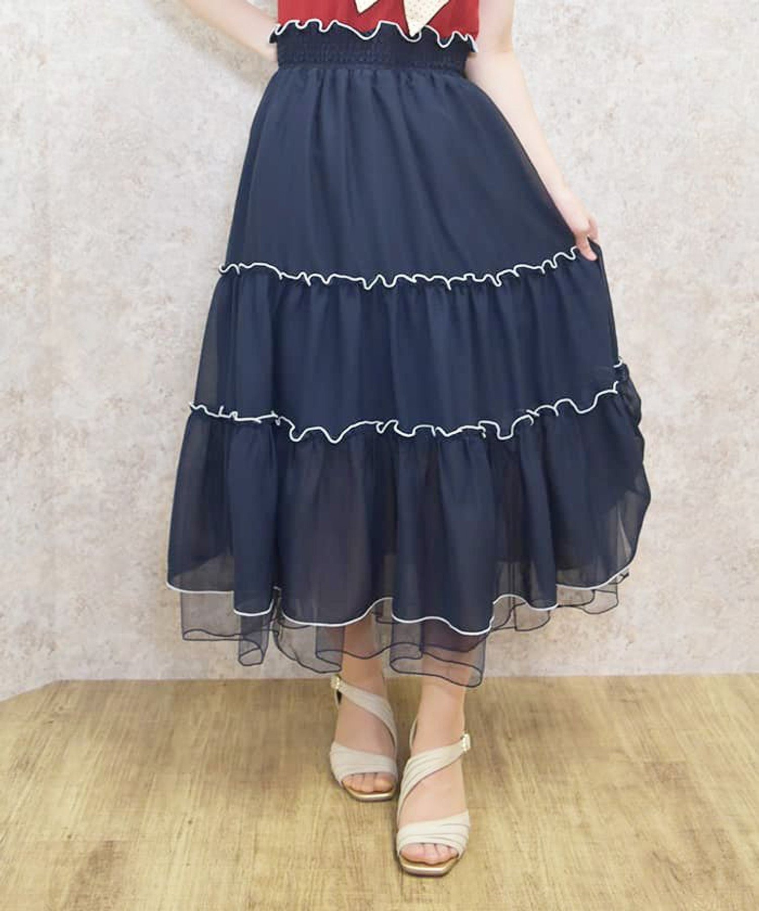 【アクシーズファム/axes femme】のフリルメロー楊柳シフォンスカート インテリア・キッズ・メンズ・レディースファッション・服の通販 founy(ファニー) 　ファッション　Fashion　レディースファッション　WOMEN　スカート　Skirt　おすすめ　Recommend　シフォン　Chiffon　シャーリング　Shirring　ティアードスカート　Tiered Skirt　夏　Summer　紺|ID: prp329100004533821 ipo3291000000032043860