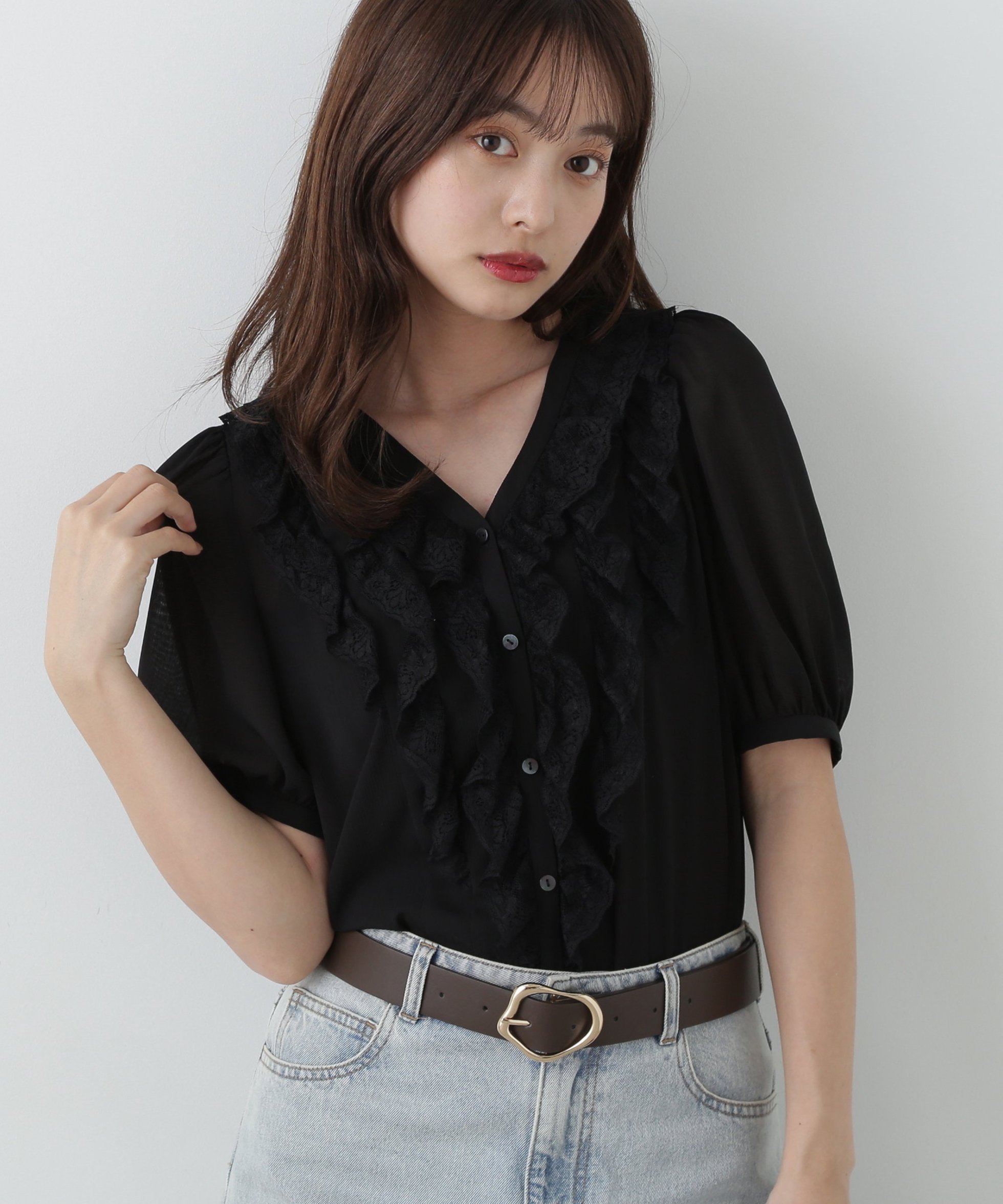 【プロポーション ボディドレッシング/PROPORTION BODY DRESSING】のフリル楊柳ブラウス インテリア・キッズ・メンズ・レディースファッション・服の通販 founy(ファニー) 　ファッション　Fashion　レディースファッション　Fashion for Women　トップス・カットソー　Cut & Sew Tops　シャツ・ブラウス・オフィスカジュアル　Elegant Blouses & Button-Ups　おすすめ　Recommended / Our Picks　フェミニン　Feminine, Girly　フリル　Frill, Ruffle　レース　Lace, Lace Fabric　ブラック×ブラックレース|ID: prp329100004533911 ipo3291000000032727063