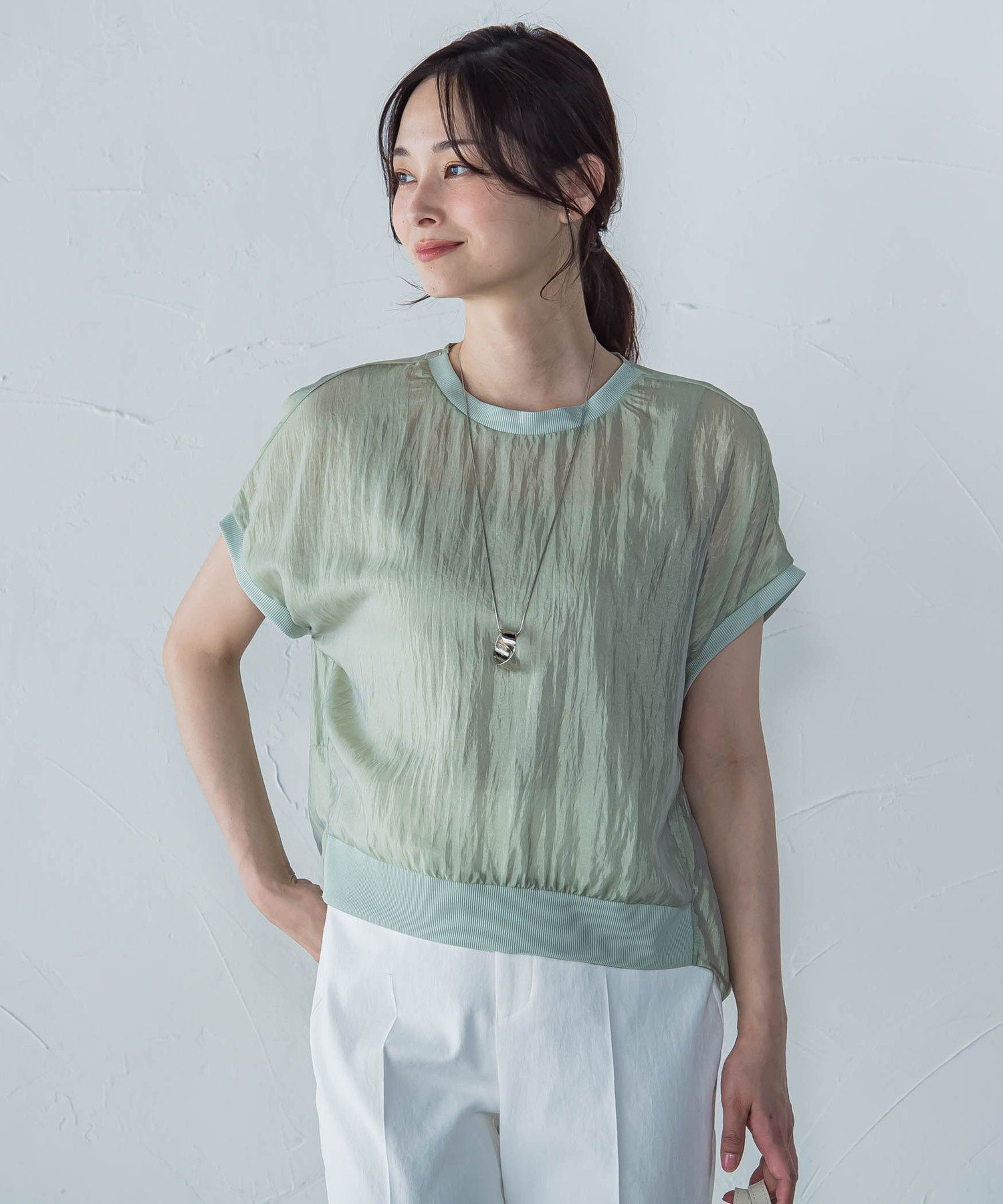 【ロートレ アモン/LAUTRE AMONT】の【一部店舗限定販売】シャイニーシアーコンビプルオーバー≪手洗い可能≫ インテリア・キッズ・メンズ・レディースファッション・服の通販 founy(ファニー) 　ファッション　Fashion　レディースファッション　Ladies' Fashion Online　トップス・カットソー　Tops/Tshirt　プルオーバー　Pullover　シアー　Sheer　シャイニー　Shiny　エレガント 上品　Elegant　グリーン|ID: prp329100004533956 ipo3291000000032646826