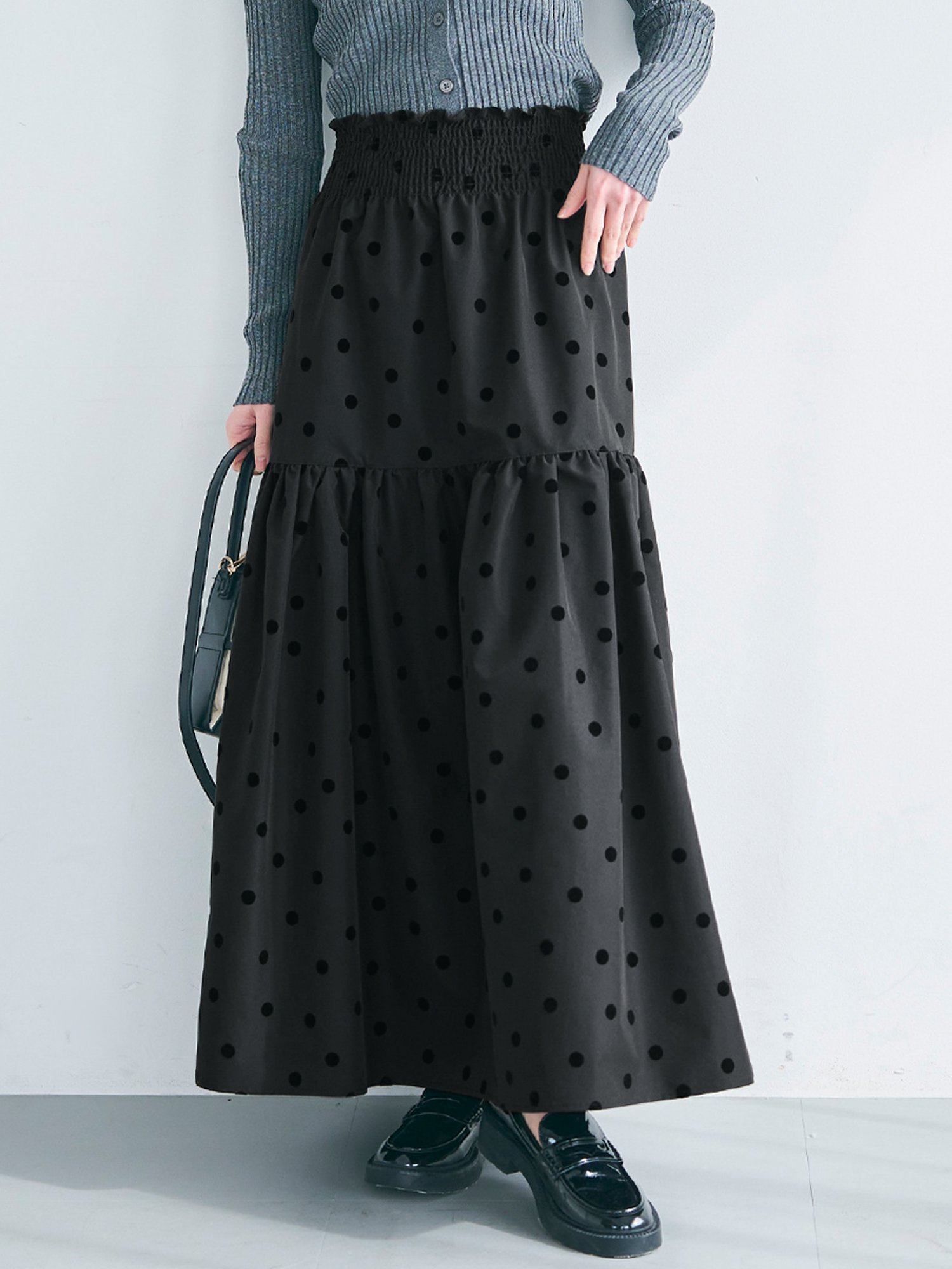 【コカ/COCA】のドット柄フロッキーティアードスカート インテリア・キッズ・メンズ・レディースファッション・服の通販 founy(ファニー) 　ファッション　Fashion　レディースファッション　Ladies' Fashion Online　スカート　Skirt　ティアードスカート　Tiered Skirts　アクリル　Acrylic　ドット　Dot　プリント　Print　ポケット　Pocket　Black|ID: prp329100004534005 ipo3291000000032580638
