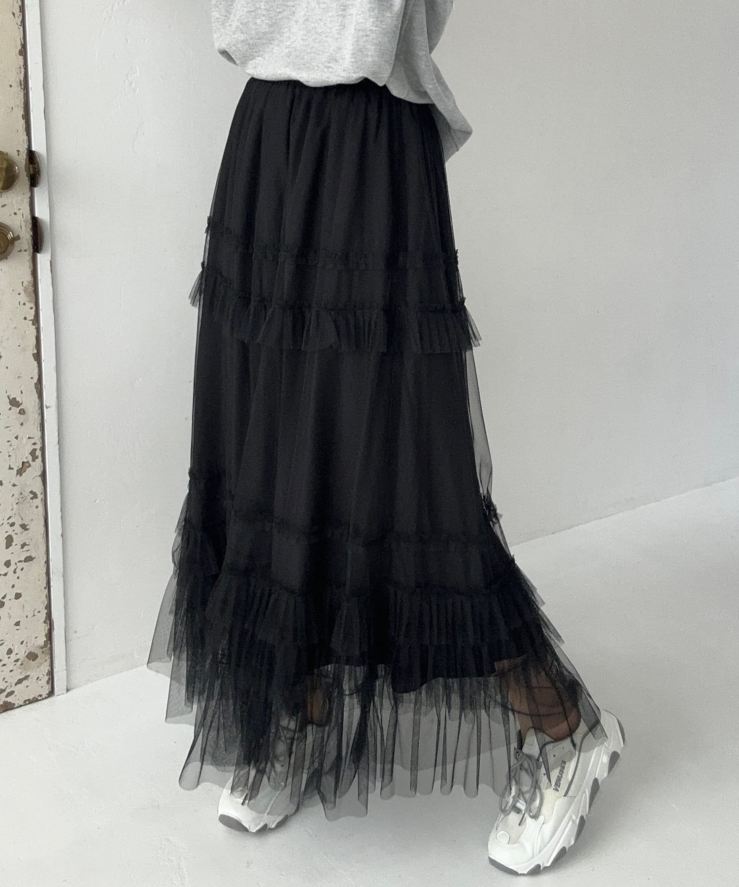 【ジュノア/JUNOAH】のチュールフリルフレアスカート インテリア・キッズ・メンズ・レディースファッション・服の通販 founy(ファニー) 　ファッション　Fashion　レディースファッション　Ladies' Fashion Online　スカート　Skirt　Aライン/フレアスカート　Flared A-Line Skirts　ブラック|ID: prp329100004534242 ipo3291000000032679642
