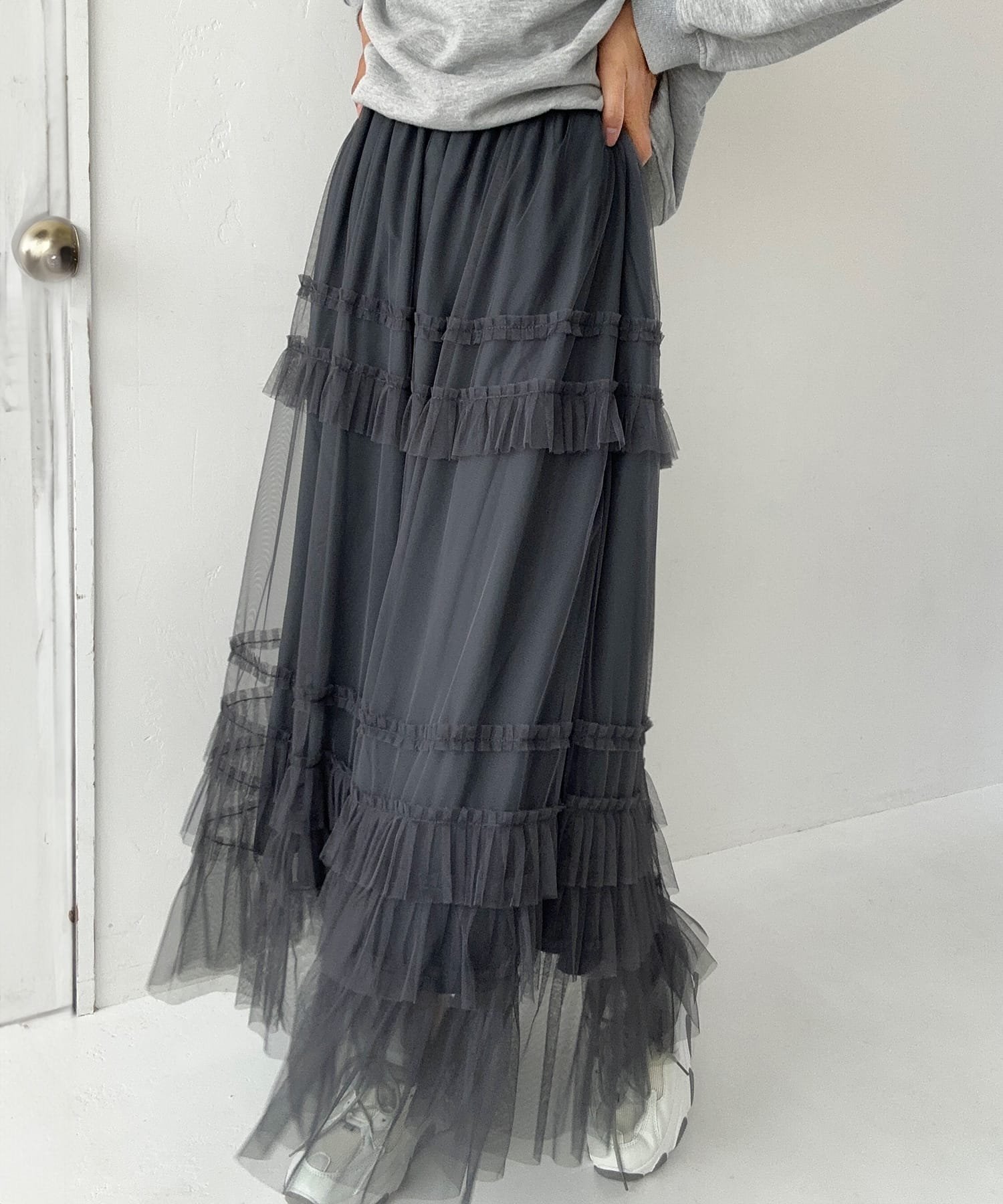 【ジュノア/JUNOAH】のチュールフリルフレアスカート インテリア・キッズ・メンズ・レディースファッション・服の通販 founy(ファニー) 　ファッション　Fashion　レディースファッション　Ladies' Fashion Online　スカート　Skirt　Aライン/フレアスカート　Flared A-Line Skirts　ダークグレー|ID: prp329100004534242 ipo3291000000032679644