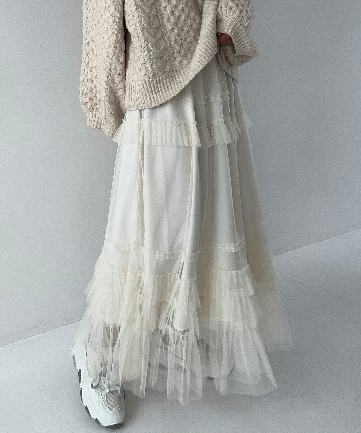 【ジュノア/JUNOAH】のチュールフリルフレアスカート インテリア・キッズ・メンズ・レディースファッション・服の通販 founy(ファニー) 　ファッション　Fashion　レディースファッション　Ladies' Fashion Online　スカート　Skirt　Aライン/フレアスカート　Flared A-Line Skirts　アイボリー|ID: prp329100004534242 ipo3291000000032679646