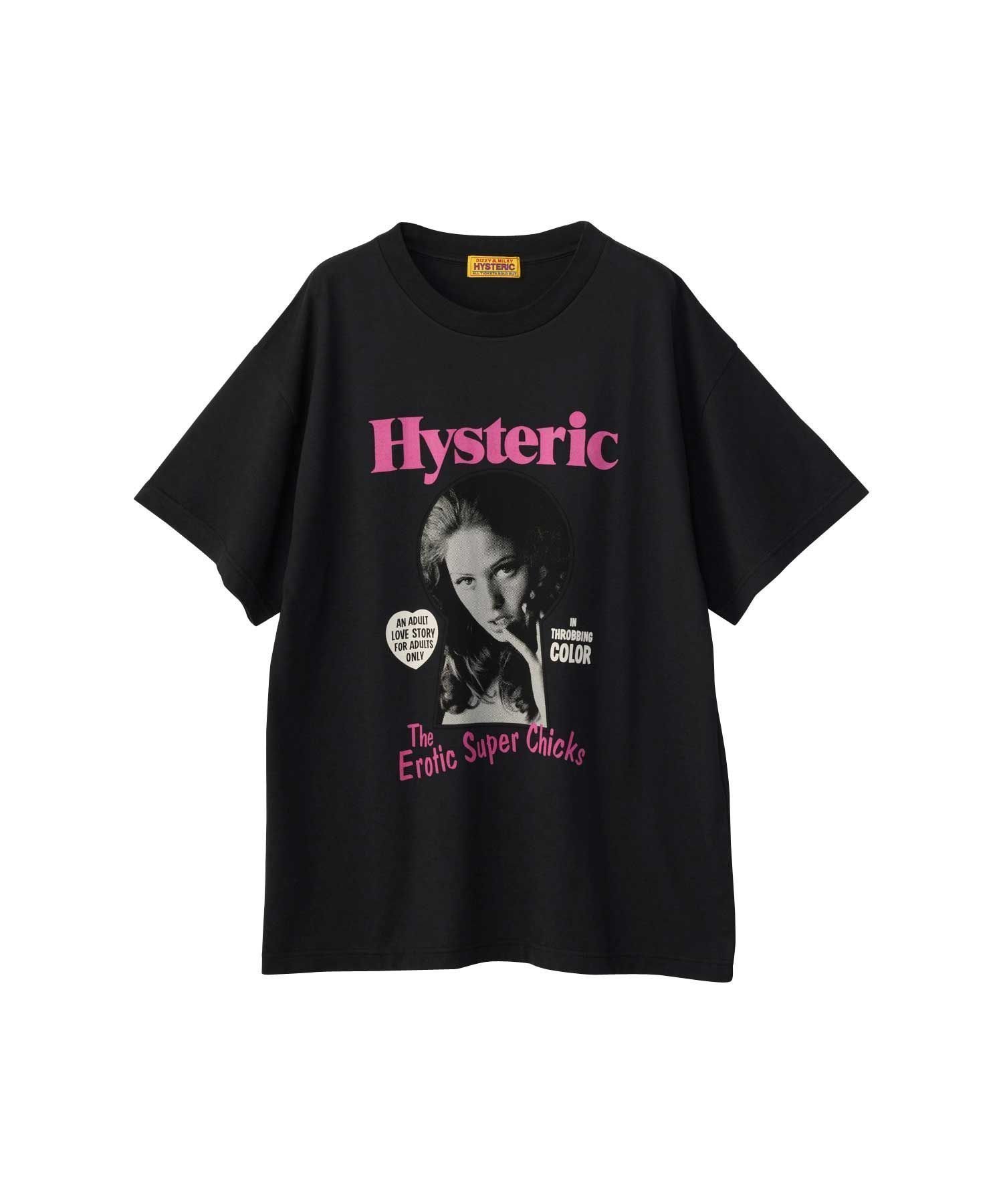 【ヒステリックグラマー/HYSTERIC GLAMOUR】のEROTIC CHICKS オーバーサイズTシャツ インテリア・キッズ・メンズ・レディースファッション・服の通販 founy(ファニー) 　ファッション　Fashion　レディースファッション　Fashion for Women　トップス・カットソー　Cut & Sew Tops　シャツ・ブラウス・オフィスカジュアル　Elegant Blouses & Button-Ups　ロングTシャツ・Tシャツ　Longline T-Shirts & Tees　グラフィック　Graphic, Graphic Design　フロント　Front, Front Design　ブラック|ID: prp329100004534323 ipo3291000000033496525