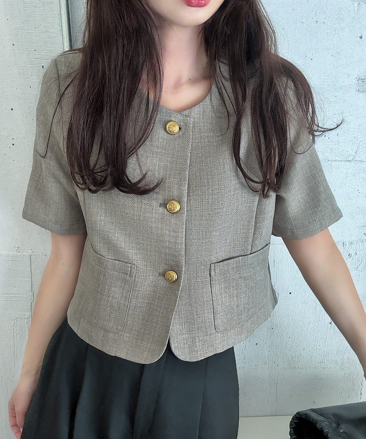 【ジュノア/JUNOAH】の金釦リネンライクノーカラージャケット インテリア・キッズ・メンズ・レディースファッション・服の通販 founy(ファニー) 　ファッション　Fashion　レディースファッション　WOMEN　アウター　Coat Outerwear　ジャケット　Jackets　ノーカラージャケット　No Collar Leather Jackets　グレー|ID: prp329100004534332 ipo3291000000032368643