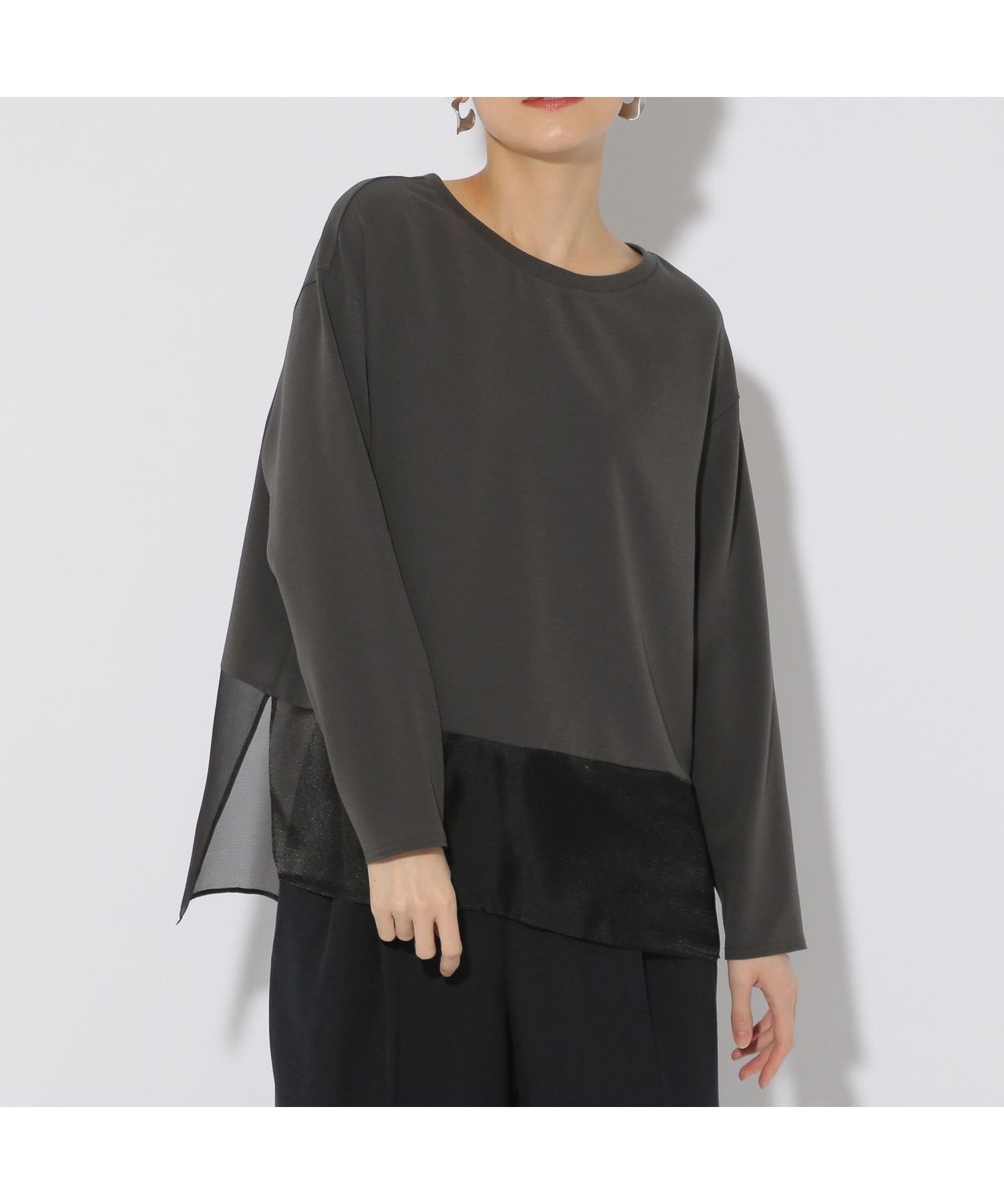 【エルーラ/Elura】の異素材ジョーゼットプルオーバー/323304 インテリア・キッズ・メンズ・レディースファッション・服の通販 founy(ファニー) 　ファッション　Fashion　レディースファッション　WOMEN　トップス・カットソー　Tops/Tshirt　プルオーバー　Pullover　おすすめ　Recommend　サテン　Satin　シアー　Sheer　シンプル　Simple　ジョーゼット　Georgette　トレンド　Trend　ドッキング　Docking　チャコール18|ID: prp329100004534501 ipo3291000000032046592