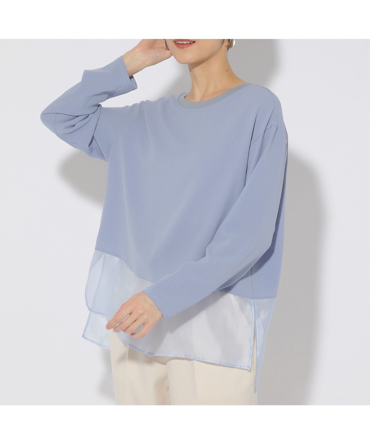 【エルーラ/Elura】の異素材ジョーゼットプルオーバー/323304 インテリア・キッズ・メンズ・レディースファッション・服の通販 founy(ファニー) 　ファッション　Fashion　レディースファッション　WOMEN　トップス・カットソー　Tops/Tshirt　プルオーバー　Pullover　おすすめ　Recommend　サテン　Satin　シアー　Sheer　シンプル　Simple　ジョーゼット　Georgette　トレンド　Trend　ドッキング　Docking　ライトブルー82|ID: prp329100004534501 ipo3291000000032046593