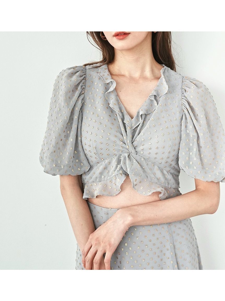 【スナイデル/SNIDEL】のジャガードパフスリクロップドブラウス インテリア・キッズ・メンズ・レディースファッション・服の通販 founy(ファニー) 　ファッション　Fashion　レディースファッション　WOMEN　トップス・カットソー　Tops/Tshirt　シャツ/ブラウス　Shirts/Blouses　ウェーブ　Wave　クロップド　Cropped　スリーブ　Sleeve　セットアップ　Set Up　チュール　Tulle　ツイスト　Twist　デコルテ　Decolletage　デニム　Denim　トレンド　Trend　人気　Popularity　フリル　Frills　フロント　Front　ボトム　Bottom　ロマンティック　Romantic　おすすめ　Recommend　エレガント 上品　Elegant　GRY[006]|ID: prp329100004534788 ipo3291000000032047843