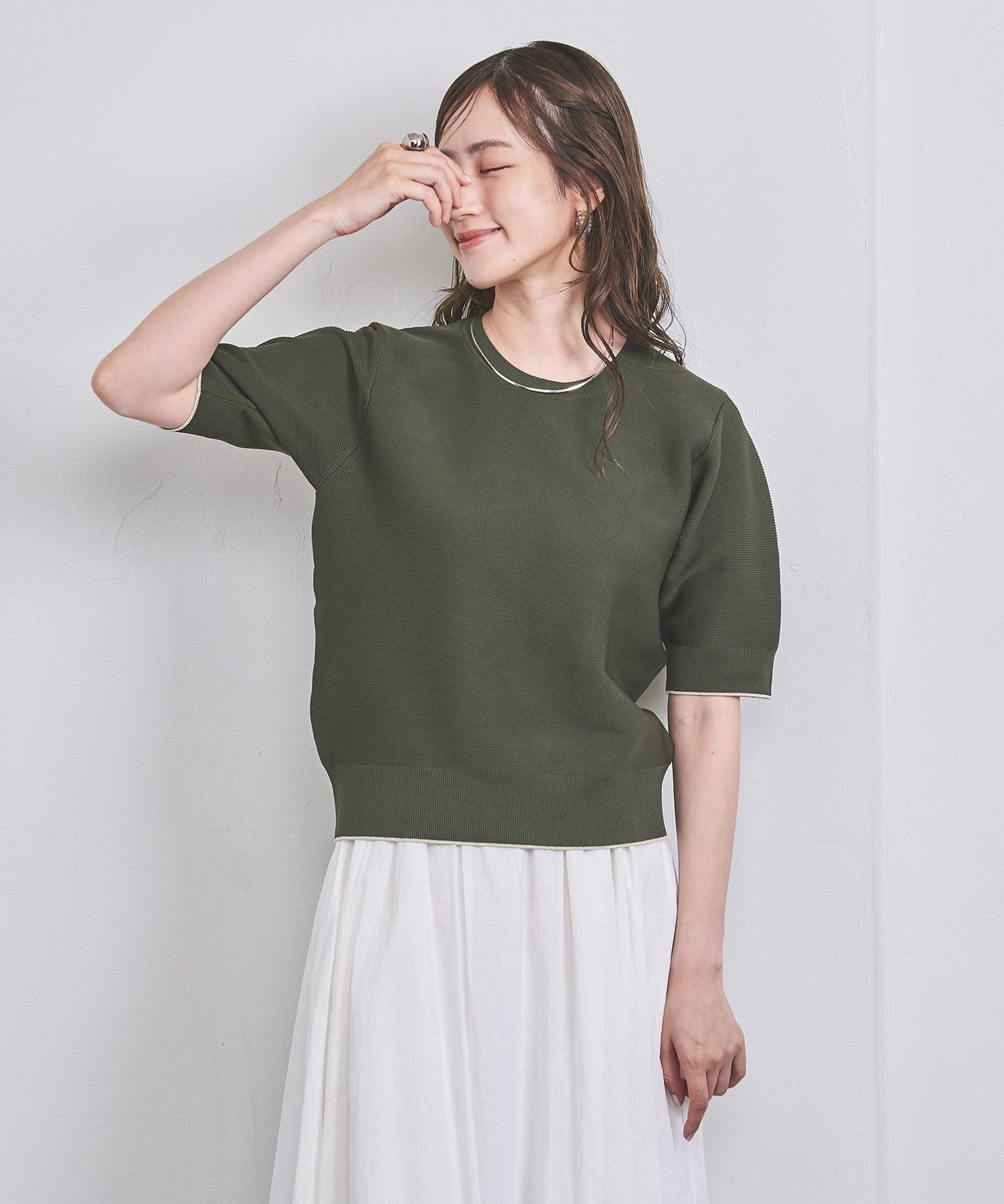 【ユナイテッドアローズ/UNITED ARROWS】のラメライン ショートスリーブ ニット インテリア・キッズ・メンズ・レディースファッション・服の通販 founy(ファニー) 　ファッション　Fashion　レディースファッション　Fashion for Women　トップス・カットソー　Cut & Sew Tops　ニット　Knit Tops & Sweaters　春　Spring　サテン　Satin, Glossy Fabric　ショート　Short, Short Length　スリーブ　Sleeve, Long Sleeve / Short Sleeve　タフタ　Taffeta, Structured Fabric　バランス　Balance, Style Balance　ボトム　Bottoms, Lower Wear　S/S・春夏　SS, Spring/Summer, Warm Season　おすすめ　Recommended / Our Picks　夏　Summer　2024年　2024　2024春夏・S/S　Spring/Summer 2024 SS24　OLIVE|ID: prp329100004534826 ipo3291000000033537235