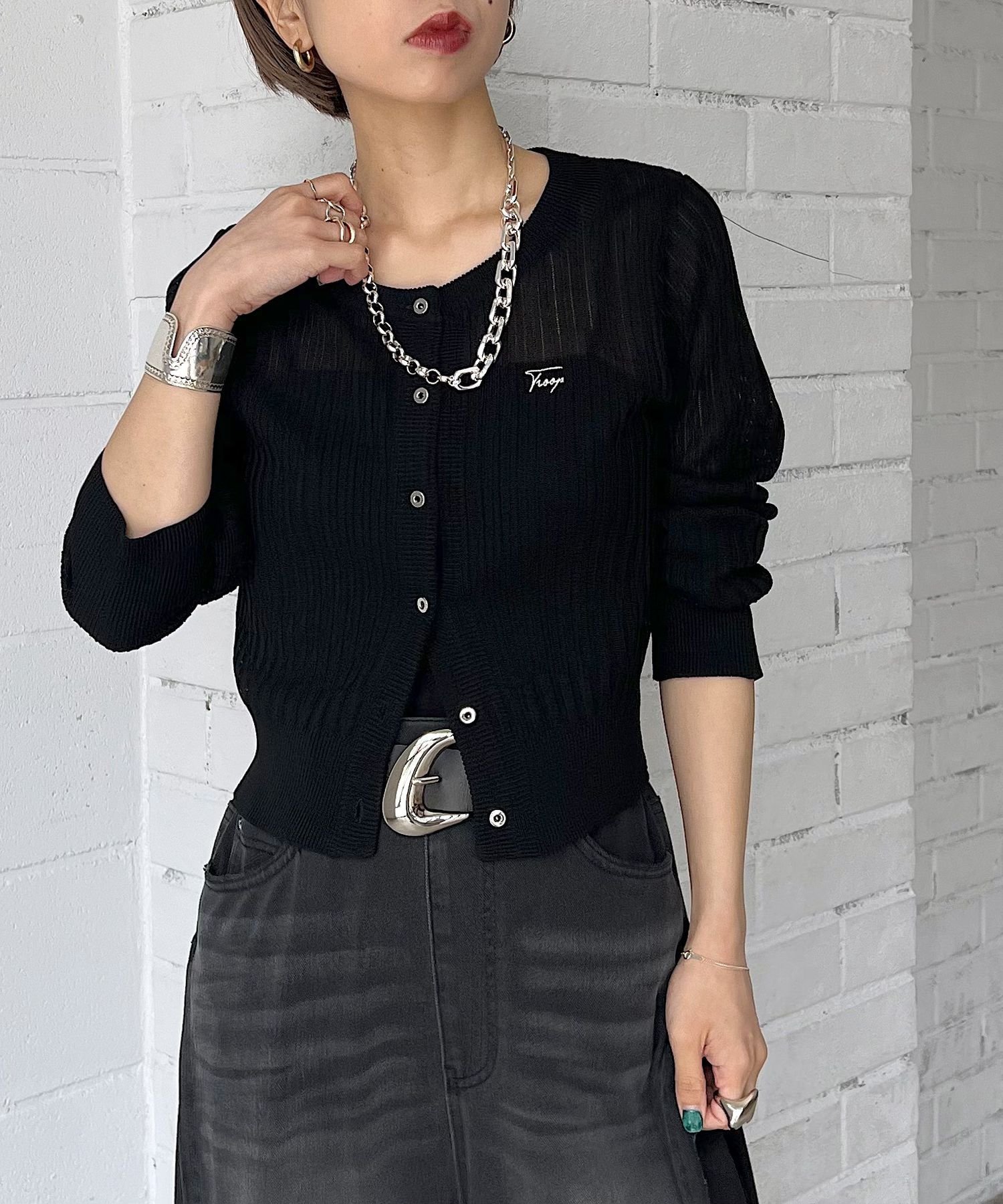 【ページボーイ/PAGEBOY】のシシュウロゴシアーリブカーディガン インテリア・キッズ・メンズ・レディースファッション・服の通販 founy(ファニー) 　ファッション　Fashion　レディースファッション　WOMEN　トップス・カットソー　Tops/Tshirt　カーディガン　Cardigans　カーディガン　Cardigan　コンパクト　Compact　ドット　Dot　メタル　Metal　ワンポイント　One Point　ブラック09|ID: prp329100004534910 ipo3291000000032048388